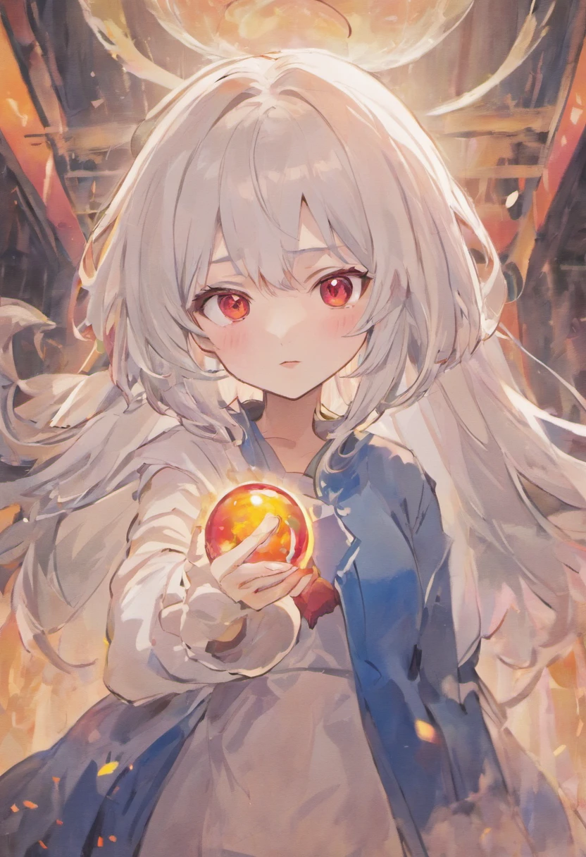 Anime girl staring at the camera,Long white hair and red eyes, White-haired god, she has a cute expressive face, white haired Cangcang, ( ( ( yoshinari yoh ) ) ), Today's featured anime stills, hajime yatate, White-haired, animated still, still from tv anime, anime visual of a cute girl, Girl with gray hair,Holding a Poké Ball in his hand