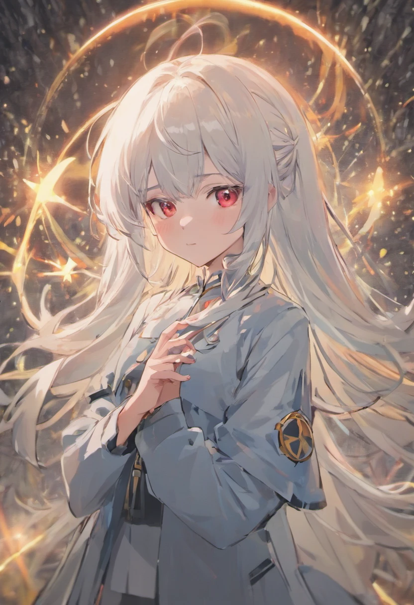 Anime girl staring at the camera,Long white hair and red eyes, White-haired god, she has a cute expressive face, white haired Cangcang, ( ( ( yoshinari yoh ) ) ), Today's featured anime stills, hajime yatate, White-haired, animated still, still from tv anime, anime visual of a cute girl, Girl with gray hair,Holding a Poké Ball in his hand