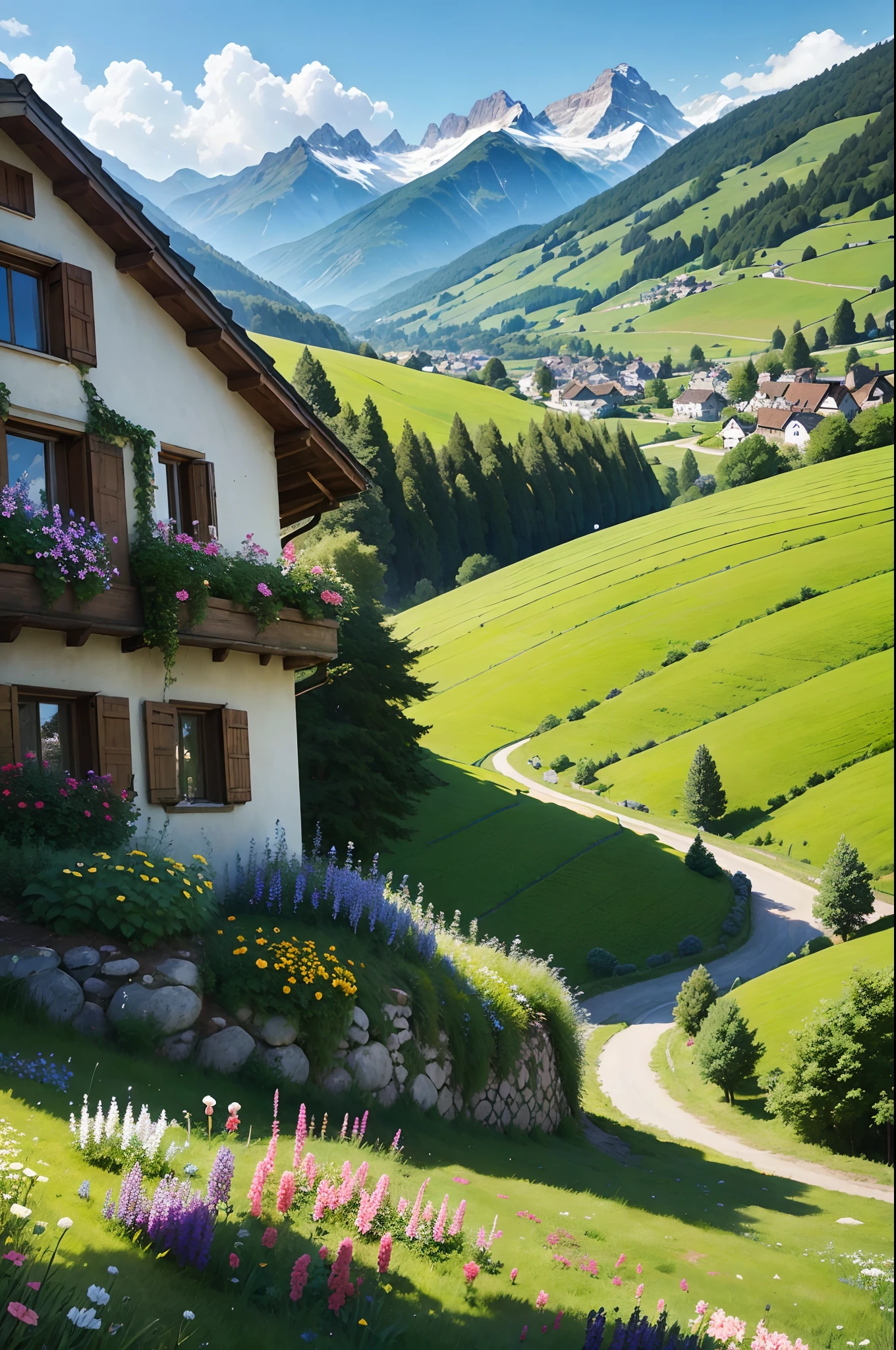 Peaceful and idyllic countryside, Rolling green hills dotted with grazing sheep, Charming villa,Set amidst vibrant flowers, Clear blue sky overhead, Evokes a sense of peace and simplicity, Valle encantador, switzerland, patches of green fields, lush countryside, Valle exuberante,An idyllic village in Milan,,verdant green fields,above a village,Rolling terraces,Colorful garden of flowers and plants,Alpine scenery in the Swiss countryside under the Alps,Carl Sessel Bern,Majestic nature, Swiss architecture, lindo cenario, rios,waterfallr