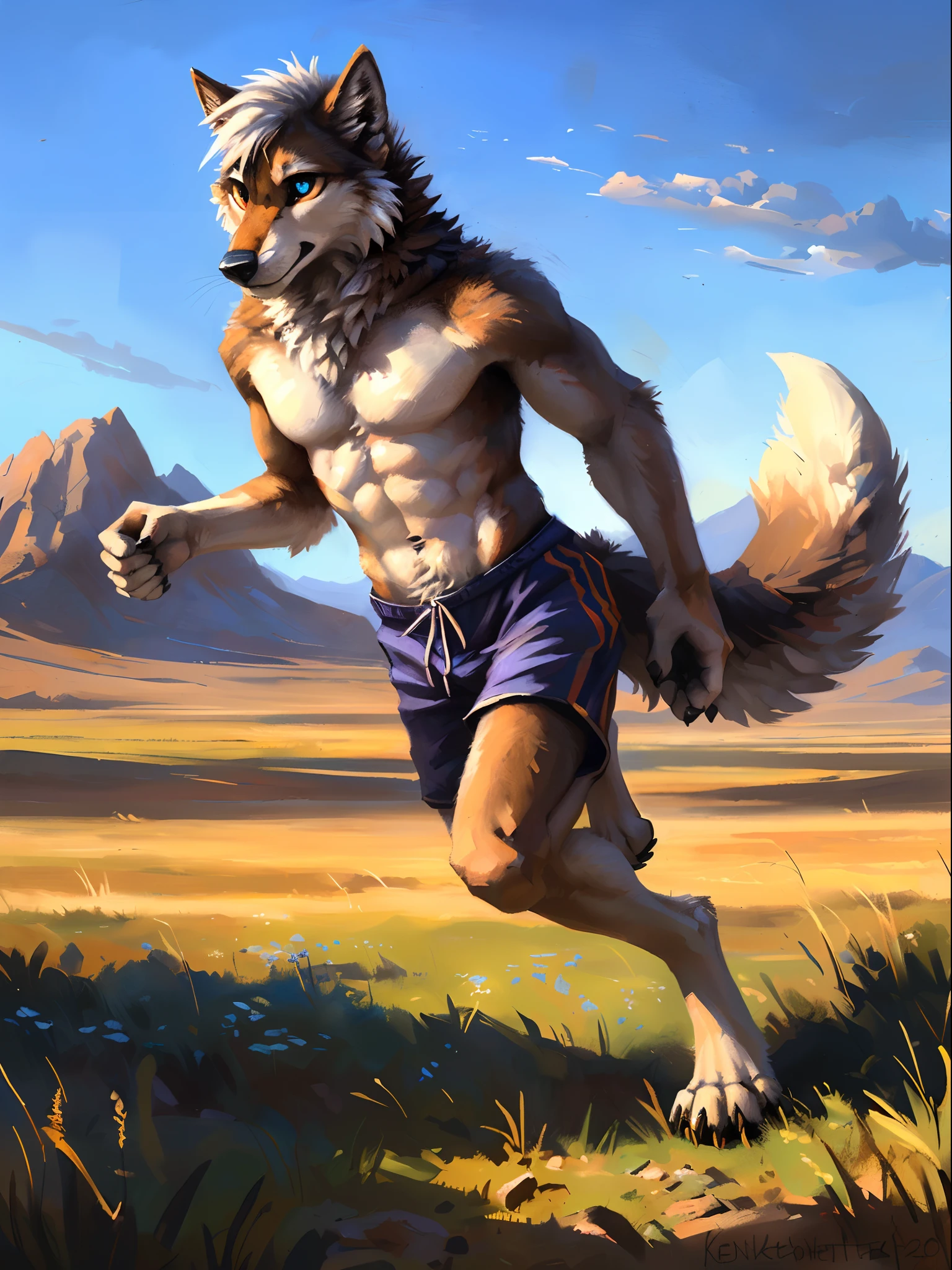 ((Solo)), male people, anthro wolf, (Multi-colored fur, White-brown:1.3), ((Wolf face, White hair, Big eyes, White eyelids, Blue pupil, Slim:1.2) (Tough, Calm expression:1.2)), Abs, Slim, pinging)), (Correct anatomy), (Work shorts:1.1), (Contour bone:1.2), The upper body is naked, (detailed outfits),A big tail,Feet,(Realistic fur, Detailed fur texture, labeled:1.3)), (Natural lighting), Photorealistic, Hyperrealistic, ultradetailed, by Kenket,Endless grasslands,No artificiality,erect through,Running on