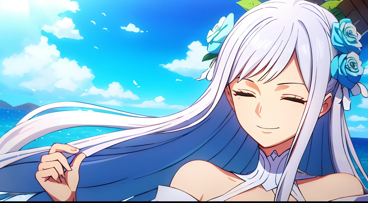 Masterpiece, Best quality, 1lady, ((solo)), very long white hair, blue flower hair accessories, closed eyes, light smile, on the ship, cape, off shoulder dress, sea, close up, hair blowing, ray light