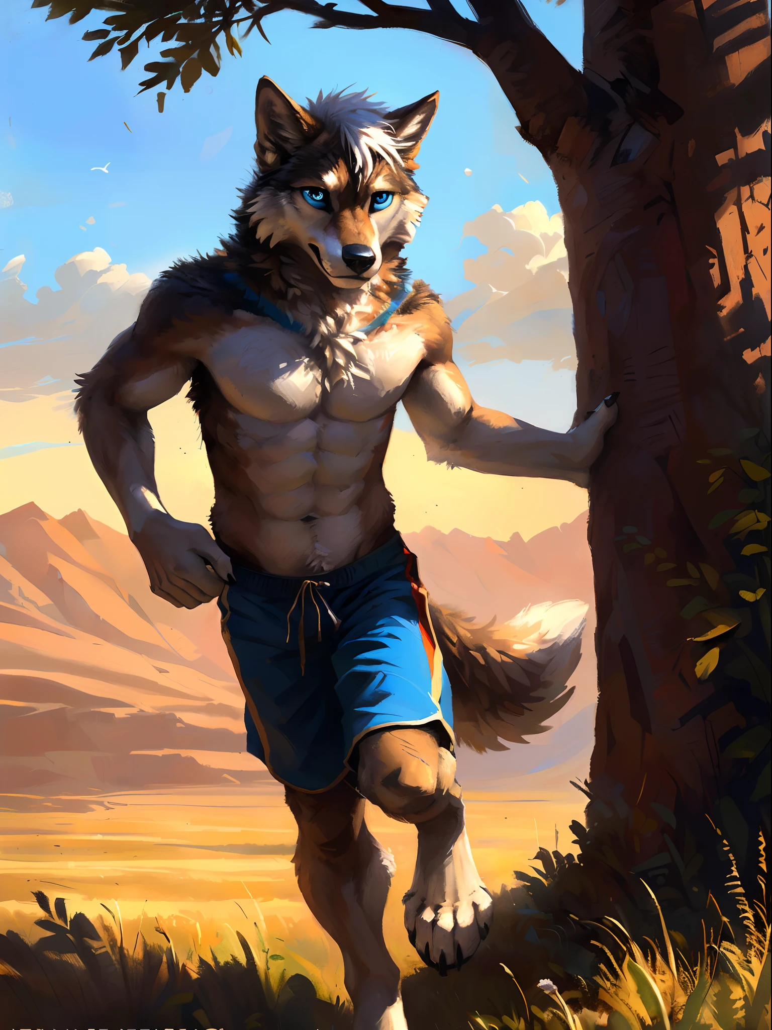 ((Solo)), male people, anthro wolf, (Multi-colored fur, White-brown:1.3), ((Wolf face, White hair, Big eyes, White eyelids, Blue pupil, Slim:1.2) (Tough, Calm expression:1.2)), Abs, Slim, pinging)), (Correct anatomy), (Work shorts:1.1), (Contour bone:1.2), The upper body is naked, (detailed outfits),A big tail,Feet,(Realistic fur, Detailed fur texture, labeled:1.3)), (Natural lighting), Photorealistic, Hyperrealistic, ultradetailed, by Kenket,Endless grasslands,No artificiality,erect through,Running on