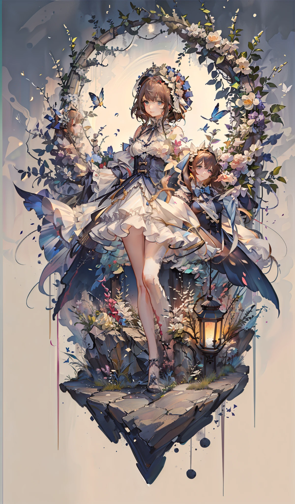 (Extremely delicate beauty: 1.2), 1girl, standing, full body, smile, bangs, blue eyes, backlight, long hair, butterfly, brown hair, shut up, look from the side, lantern, light particles, long sleeves, look at the audience, red bow, solo