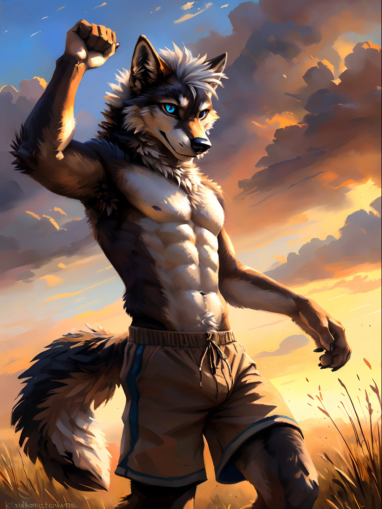 ((Solo)), male people, anthro wolf, (Multi-colored fur, White-brown:1.3), ((Wolf face, White hair, Big eyes, White eyelids, Blue pupil, Slim:1.2) (Tough, Calm expression:1.2)), Abs, Slim, pinging)), (Correct anatomy), (Work shorts:1.1), (Contour bone:1.2), The upper body is naked, (detailed outfits),A big tail，Feet，(Realistic fur, Detailed fur texture, labeled:1.3)), (Natural lighting), Photorealistic, Hyperrealistic, ultradetailed, by Kenket，Endless grasslands，No artificiality，erect through，Running on