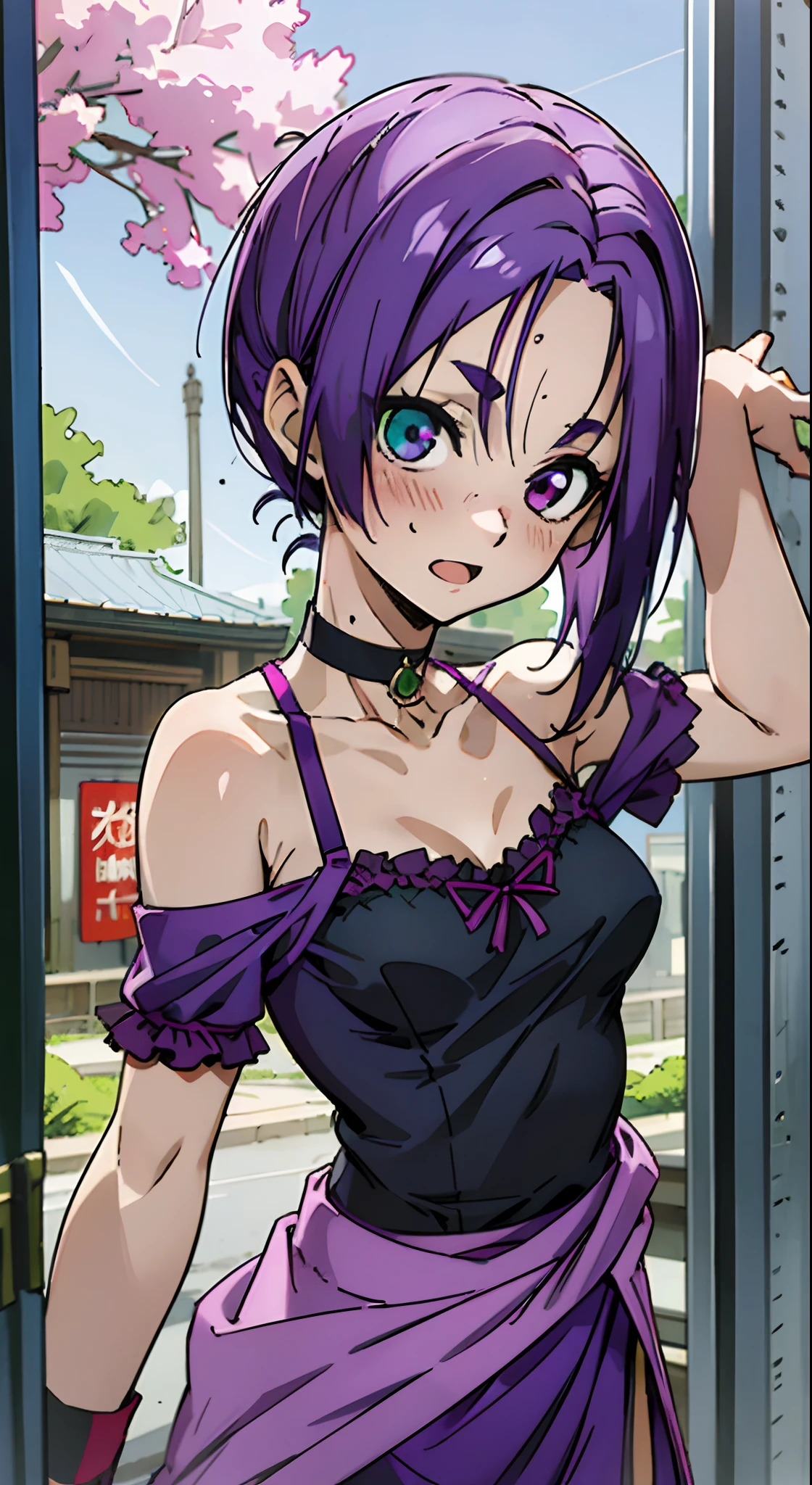 Masterpiece, Best quality, Ultra-detailed, Off-the-shoulder attire, Colorful,take up close, Hyper-detailing,purple color hair, reo mikage, bluelock, no sleeves, camisole, blue camisole, cheongsam, chinese clothes, chest exposure, underwear, frilly underwear, the kinky is exposed, choker, black choker, arm warmers, sexy breasts, scar, big breasts, red blush, 1girl, Solo, sharpy face, opened mouth, heterochromia, green eyes, purple eyes, Bare neck, happiness face, rays of sunshine, brautiful sky, shining sky, slum town