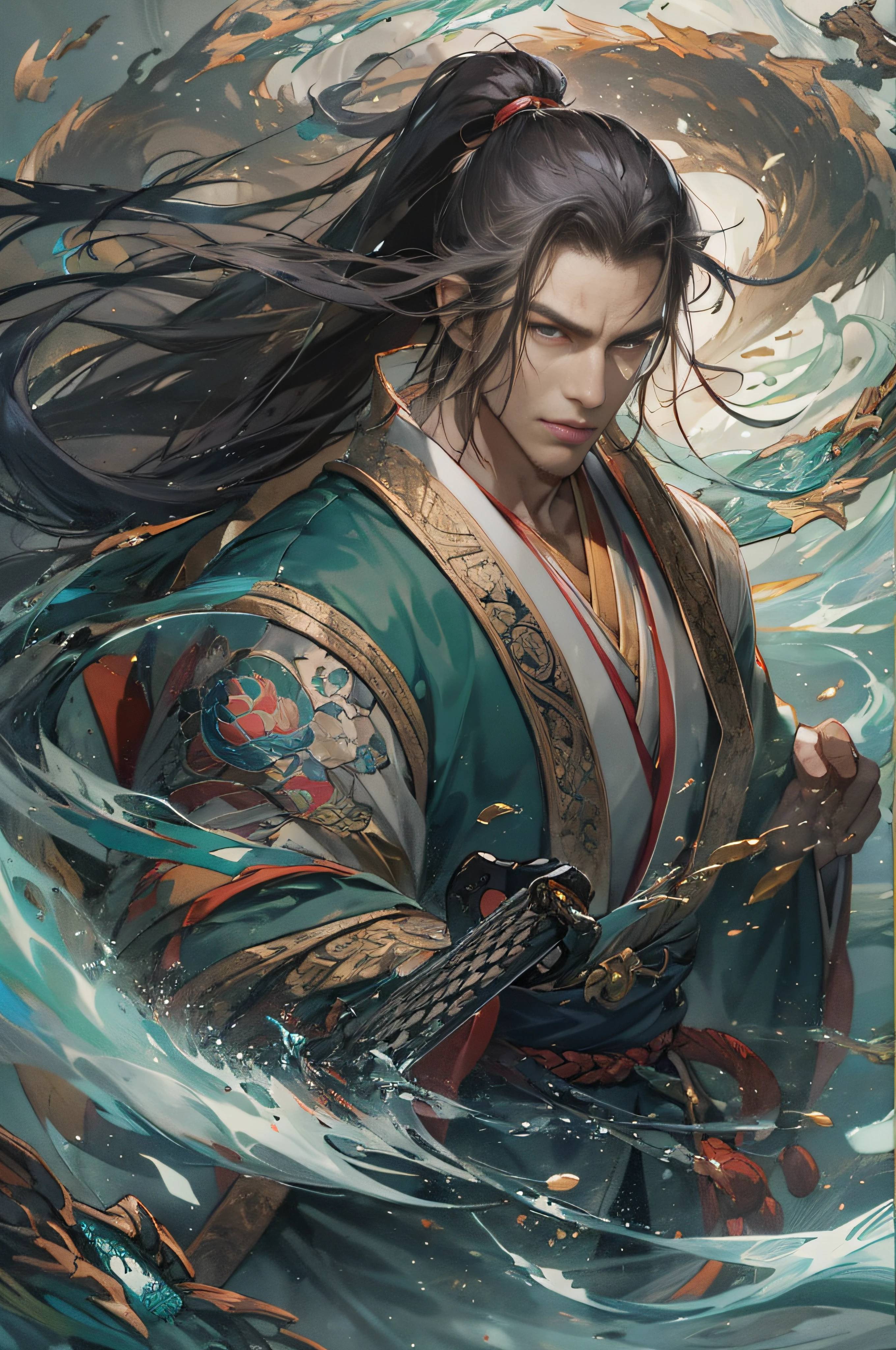 (Absurd, Intricate details, masutepiece, Best Quality, High resolution, 8K), 1 male, Mature, Handsome, tall muscular man, broad shoulders, Ponytail hair, dark brown eyes, fine eyes and detailed face, Behind him is a huge water element, (Style Swirl Magic: 0.7), (Full body: 0.6), (Japan Fantasy Themes: 1.1), Hair fluttering in the wind, Dynamic Pose, Combat stance, Japanese Katana Sword, mysterious oriental medieval atmosphere, depth of fields, Visual Effects.Komono