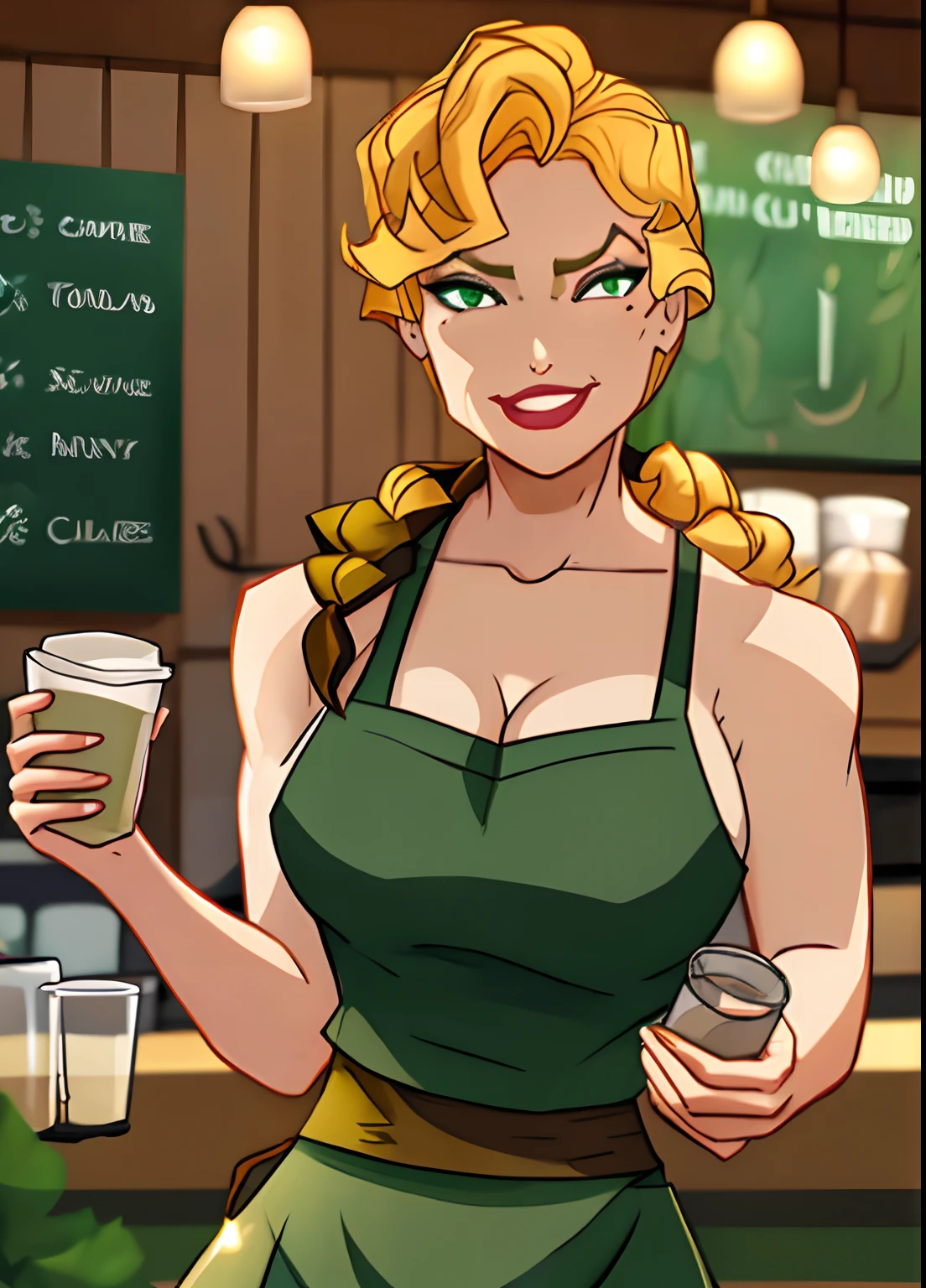 Girl, helga, large breasts , smirk, hair braid over shoulder, green apron with Starbucks logo, holding coffee cup, breast milk latte meme, Starbucks, looking at viewer, volumetric lighting, best quality, masterpiece,