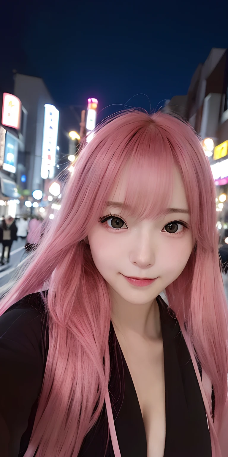 24-year-old woman、beautiful and flawless face。on tokyo street、natta、night cityscape、a closeup、A pink-haired、hair adornments、(Raw photography、top-quality、masterpiece:1.2)、(realisitic、photoRealstic:1.37)、