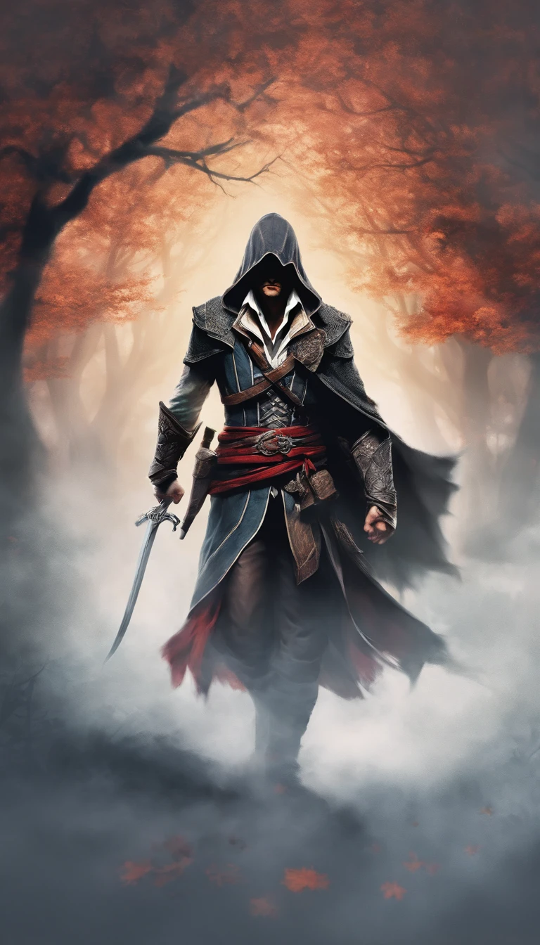 The Young Man in the Hood, pulled over the eyes,long wavy hair from under the hood, diffused light,Fog in the background,The style of the game Assassin Creed