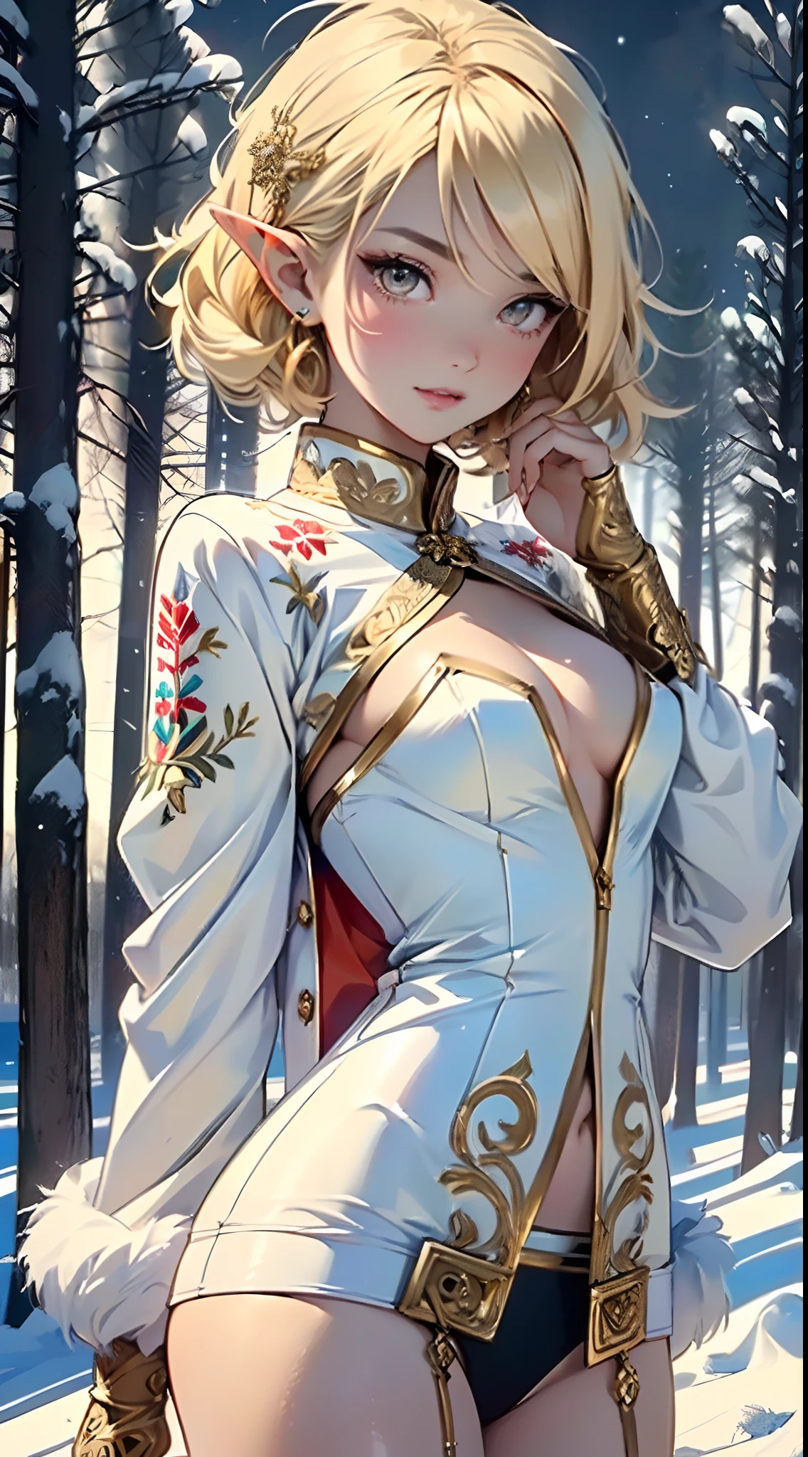 cute loli elf,(((little loli,tiny little body,little))),(((6 years old))),((anime elf loli with extremely cute and beautiful blonde hair)), (((elf))), (((elf ears))),

(((flat chest))),((((blonde hair:1.35,messy blonde hair,colored inner hair,ear breathing)))),(((gold_eyes:1.3))),intricate eyes,beautiful detailed eyes,symmetrical eyes,big eyes:1.5,(((lustrous skin:1.5,bright skin: 1.5,skin tanned,shiny skin,very shiny skin,shiny body,plastic glitter skin,exaggerated shiny skin,illuminated skin))),(delicate detailed fingers,detailed body,(detailed face)),

cute,slutty,erotic,daring,((nsfw)),

zettai ryouiki,revealing clothing,show skin,(((Sexy ivory fur coat, ivory fur coat outfit, wearing a ivory fur coat:1.3,ivory winter coat))), ((ivory mini-skirt,ivory mini skirt with furry edge,visible thong straps)),(white gloves,ivory clothes,semi-naked,with little ivory clothing,((((furry edge clothing)))),(((intricate outfit,intricate clothes,embroidered outfit,ornate outfit,embroidered clothes,ornate clothes))),

(dynamic pose:1.0),embarrassed,(centered,scale to fit dimensions,Rule of thirds),

((snowy pine forest at night)), with dark stormy clouds,winter,scenery:1.25,((snow forest background)),Christmas tree,

highres,sharp focus,(ultra detailed,extremely detailed),(photorealistic artwork:1.37),(extremely detailed CG unity 8k wallpaper),(((vibrant colors,vibrant theme))),(intricate),(masterpiece),(best quality),