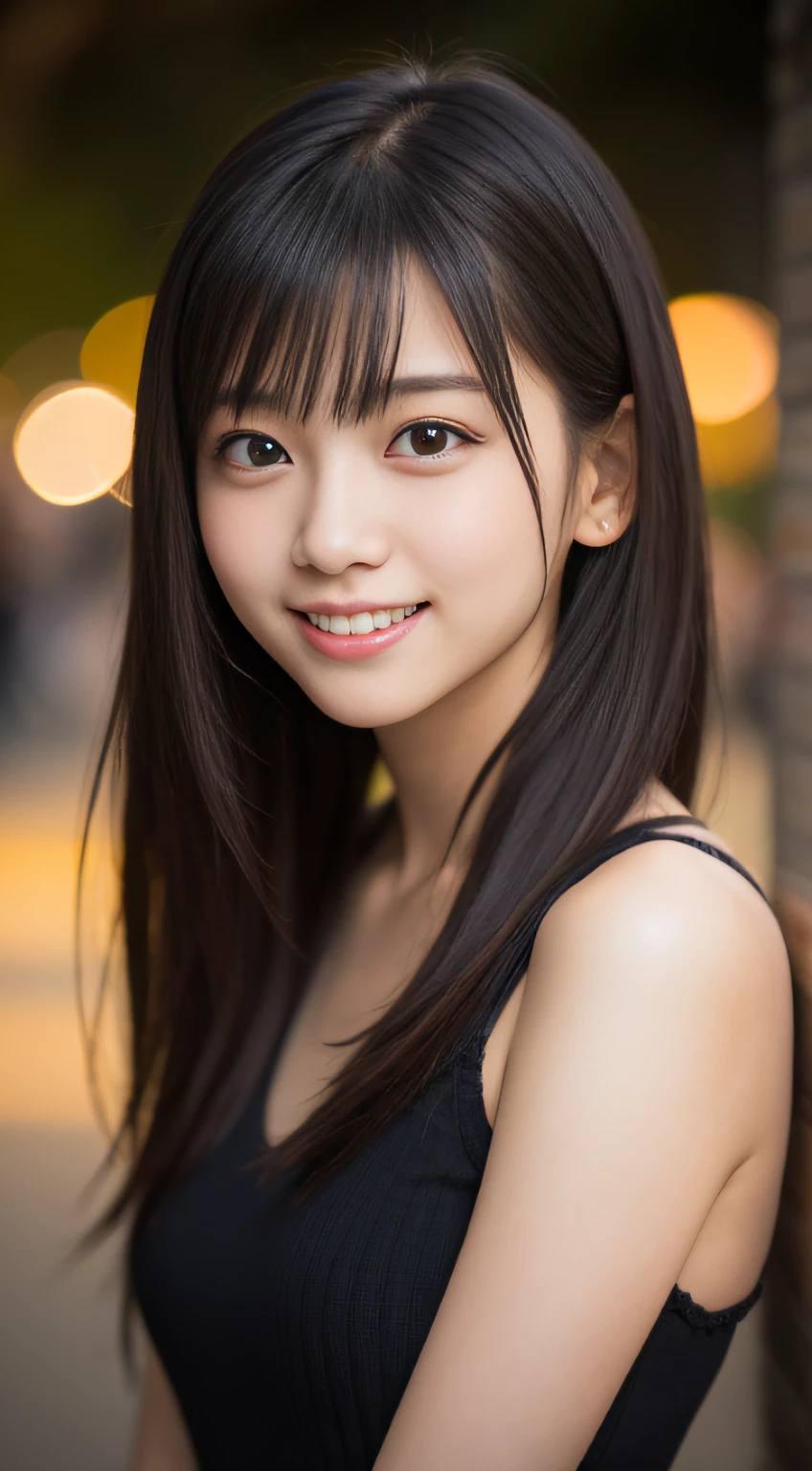 masutepiece, Best Quality, 8K, , Teen, Raw ph absurderes, award winning portrait, Smile, Smile, Solo, Night, neons, Idol face, violaceaess, gardeniass, Delicate girl, Upper body, Digital SLR, Looking at Viewer, Candid, Sophisticated, zora々Right, Thin arms, Professional Lighting, Film grain, chromatic abberation, (Eyes and faces with detailed:1.0), (Bokeh:1.1)