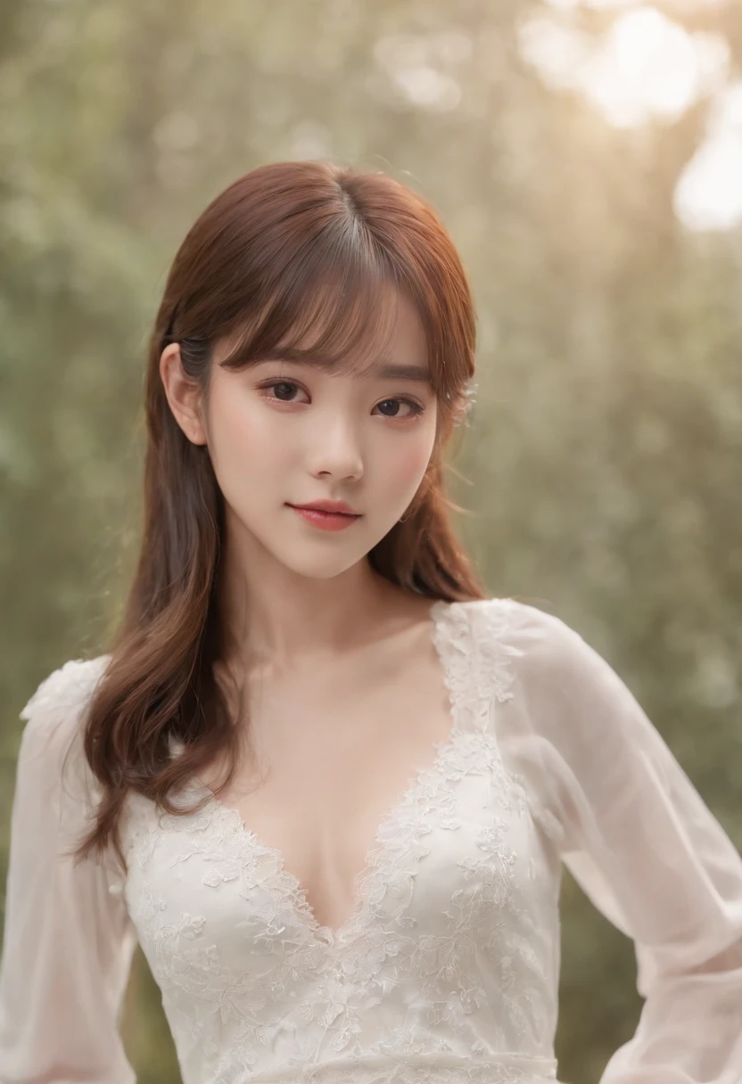 top-quality, Photorealsitic, masterpiece, 8K, Hi-Res, 独奏, 1girl in, (((infp young woman))),、full body Esbian、(small tits), ((Look at viewers)), (look at a camera), ((Different hairstyles close to long))、Perfect straight black hair、(((With bangs)))、 (profetional lighting), Highly detailed bright face、Gentle Japan girl、Lovely smile、Small cleavage、White dress with lace(long-sleeve)、Standing in the room