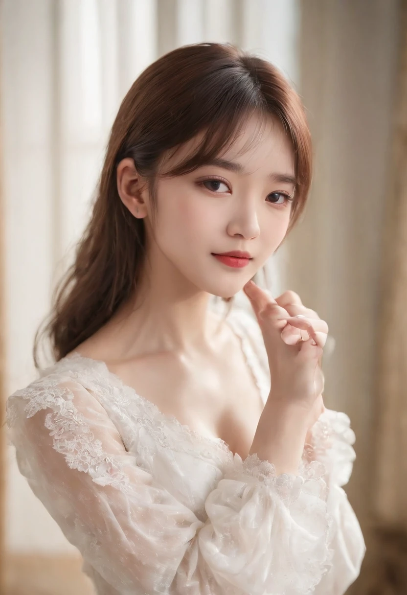 top-quality, Photorealsitic, ​masterpiece, 8K, Hi-Res, 独奏, 1girl in, (((infp young woman))),sixteen years old、full body Esbian、(small tits), ((Look at viewers)), (look at a camera), ((Different hairstyles close to long)）、Perfect straight black hair、(((With bangs)))、 (profetional lighting), Highly detailed bright face、Gentle Japan girl、Lovely smile、Small cleavage、White dress with lace（long-sleeve）、Standing in the room