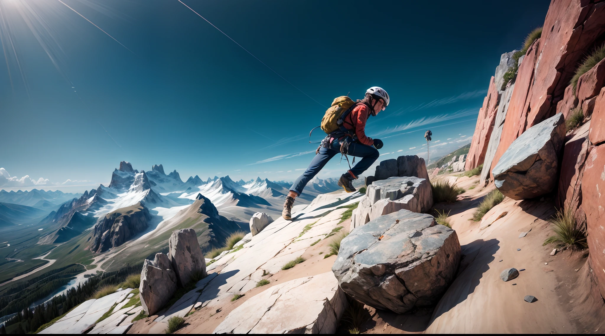 (obra maestra, alta calidad, a high definition), Describe a detailed scene of a climber at the height of an imposing mountain wall. Imagina la vista desde abajo, Looking up in isometric perspective, Capturando el viaje desde las suelas de los zapatos del excursionista hasta el vasto cielo de arriba. Explora las texturas de las rocas, Los asideros y los puntos de apoyo, as well as tension in the muscles of the climber. Create a vivid and exciting atmosphere that conveys the sense of adventure and overcoming this vertical challenge. Be sure to include details such as the climber's intentional expression and the breadth of the sky that unfolds as you approach the top.....