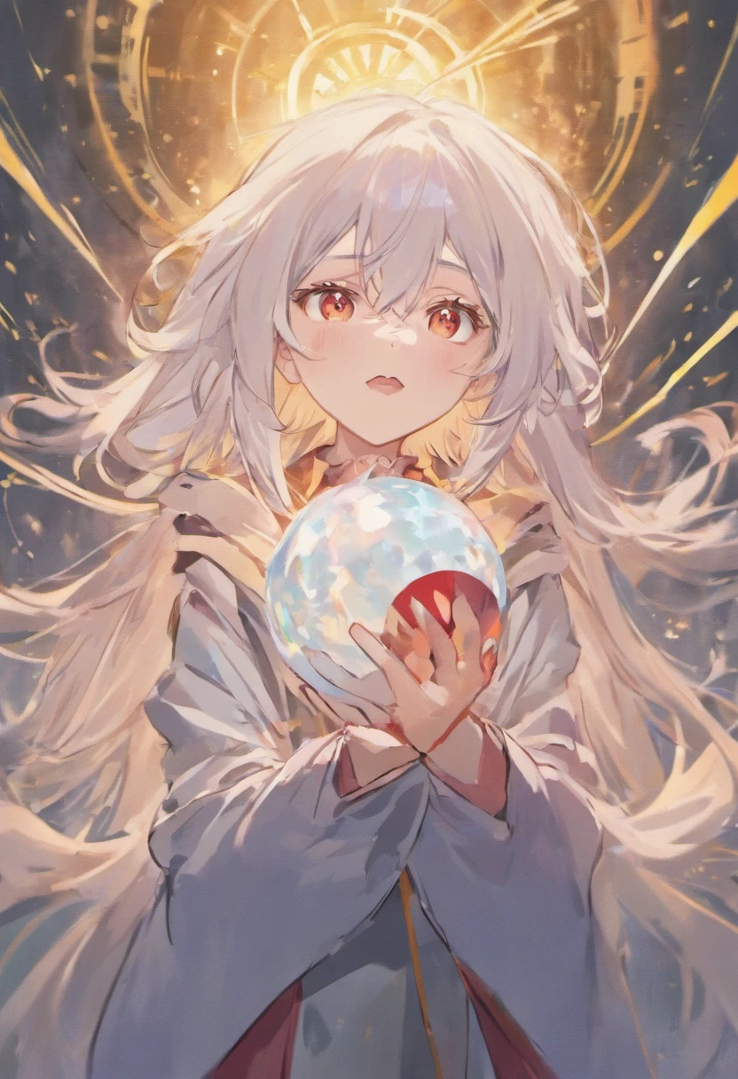 Anime girl staring at the camera,Long white hair and red eyes, White-haired god, she has a cute expressive face, white haired Cangcang, ( ( ( yoshinari yoh ) ) ), Today's featured anime stills, hajime yatate, White-haired, animated still, still from tv anime, anime visual of a cute girl, Girl with gray hair,Holding a Poké Ball in his hand,Reach out to the camera