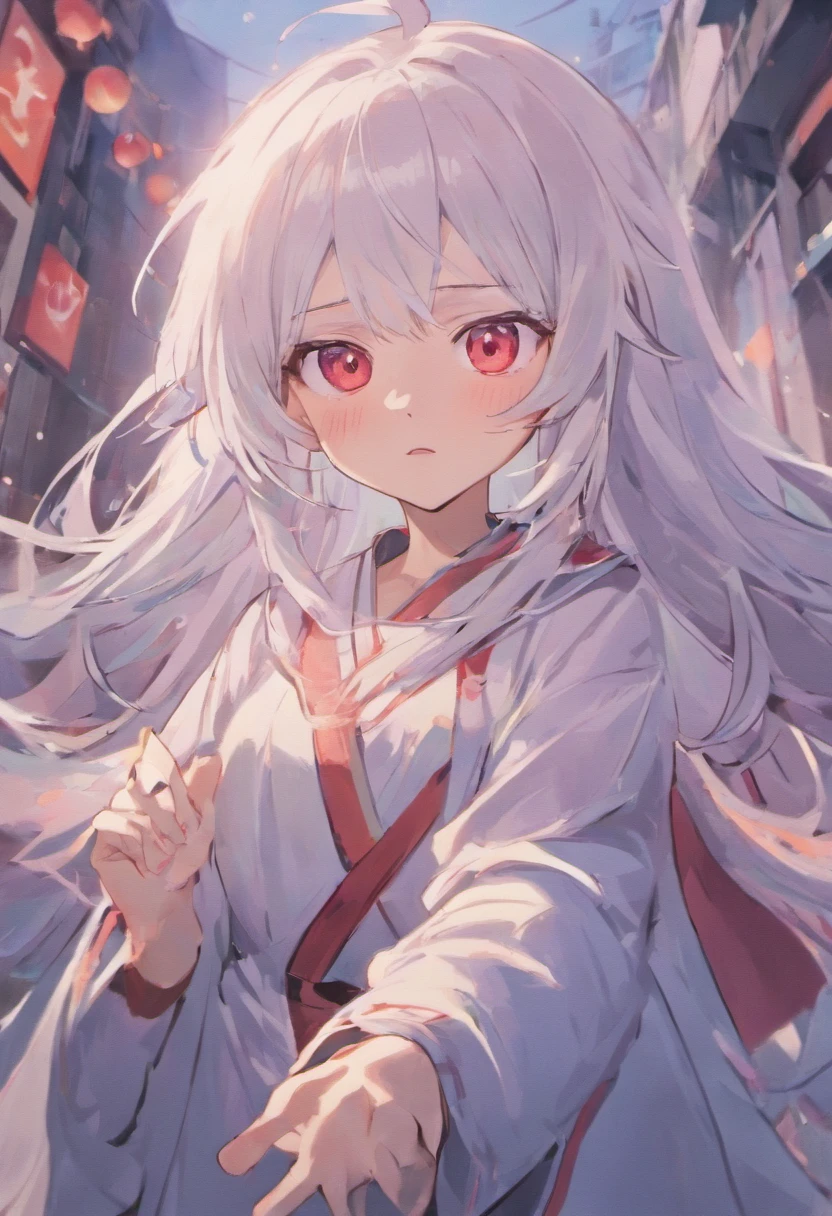 Anime girl staring at the camera,Long white hair and red eyes, White-haired god, she has a cute expressive face, white haired Cangcang, ( ( ( yoshinari yoh ) ) ), Today's featured anime stills, hajime yatate, White-haired, animated still, still from tv anime, anime visual of a cute girl, Girl with gray hair,Holding a Poké Ball in his hand,Reach out to the camera