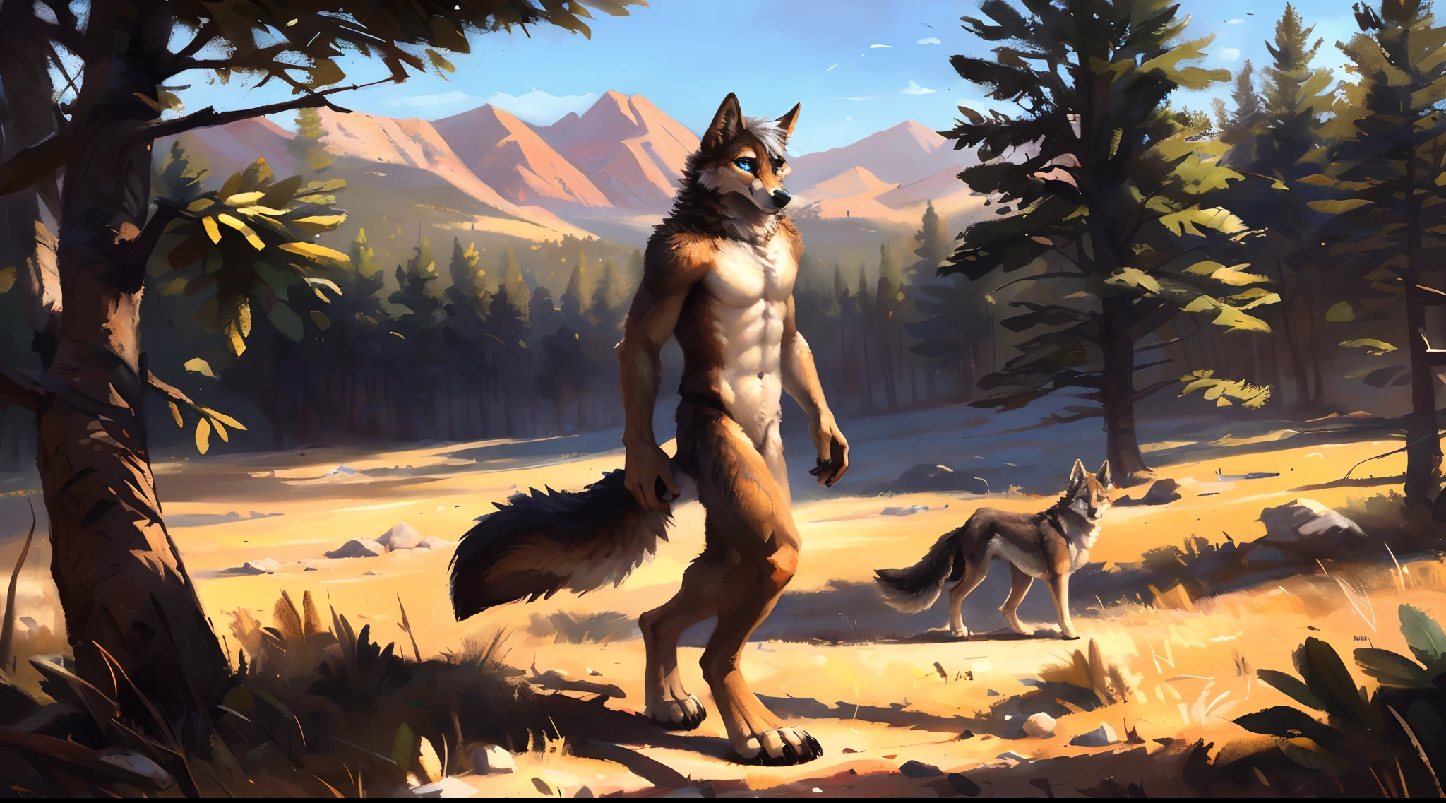 ((Solo)), male people, coyote, (Multi-colored fur, White-brown:1.3), ((Wolf face, White hair, Big eyes, White eyelids, Blue pupil, Slim:1.2) (Tough, Calm expression:1.2)), Abs, Slim, pinging)), (Correct anatomy), A big tail，Feet，Longer torso，Well-proportioned limbs，(Realistic fur, Detailed fur texture, labeled:1.3)), (Natural lighting), Photorealistic, Hyperrealistic, ultradetailed, by Kenket，Naked all over the body，Endless grasslands，Walking