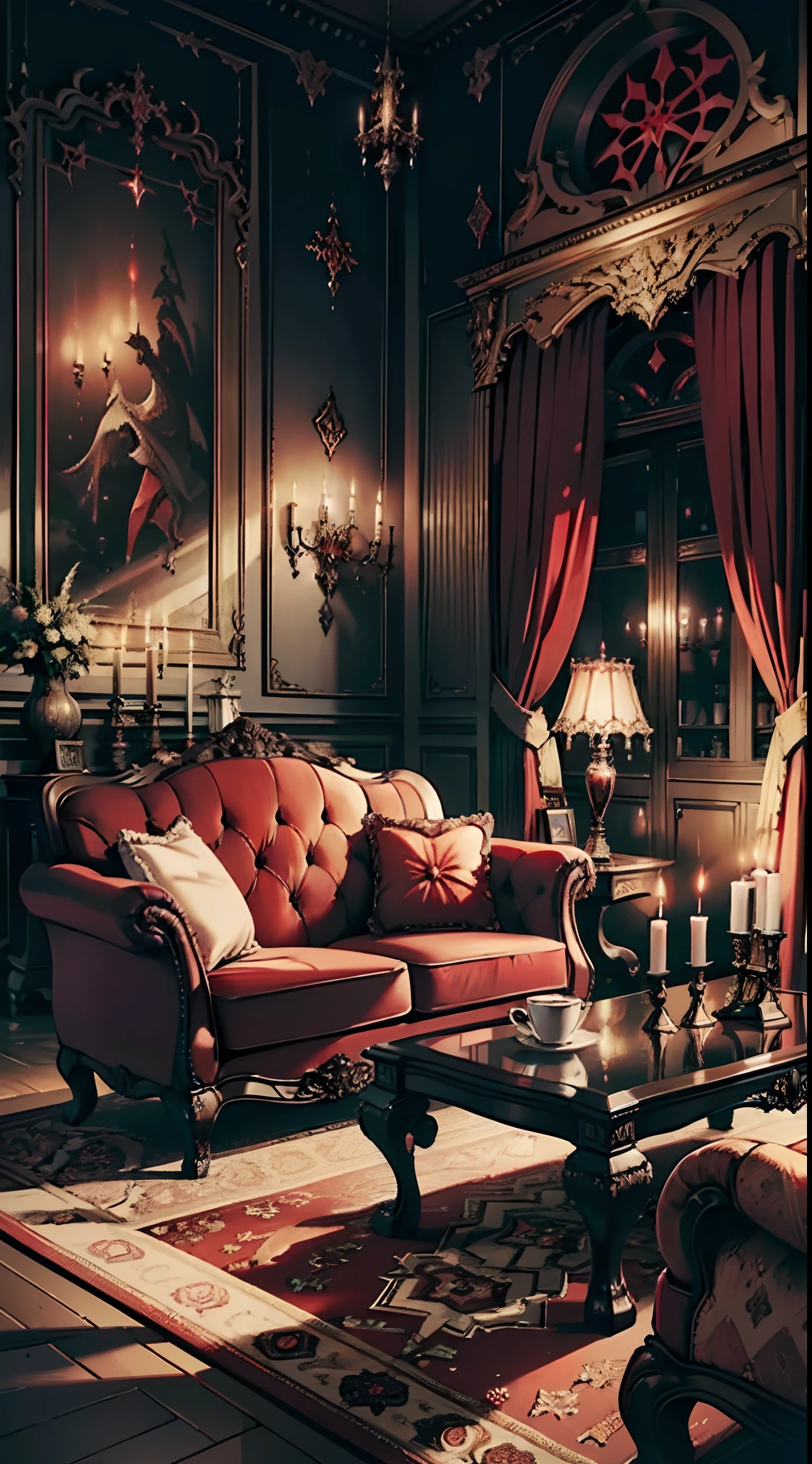 Photography, red sofa, tea table, (Gothic living room, Gothic), Dim light, Gargoyles, Dark wallpaper,curtains, waxy candles, Satan painting, decorations, wooden floor, dark night