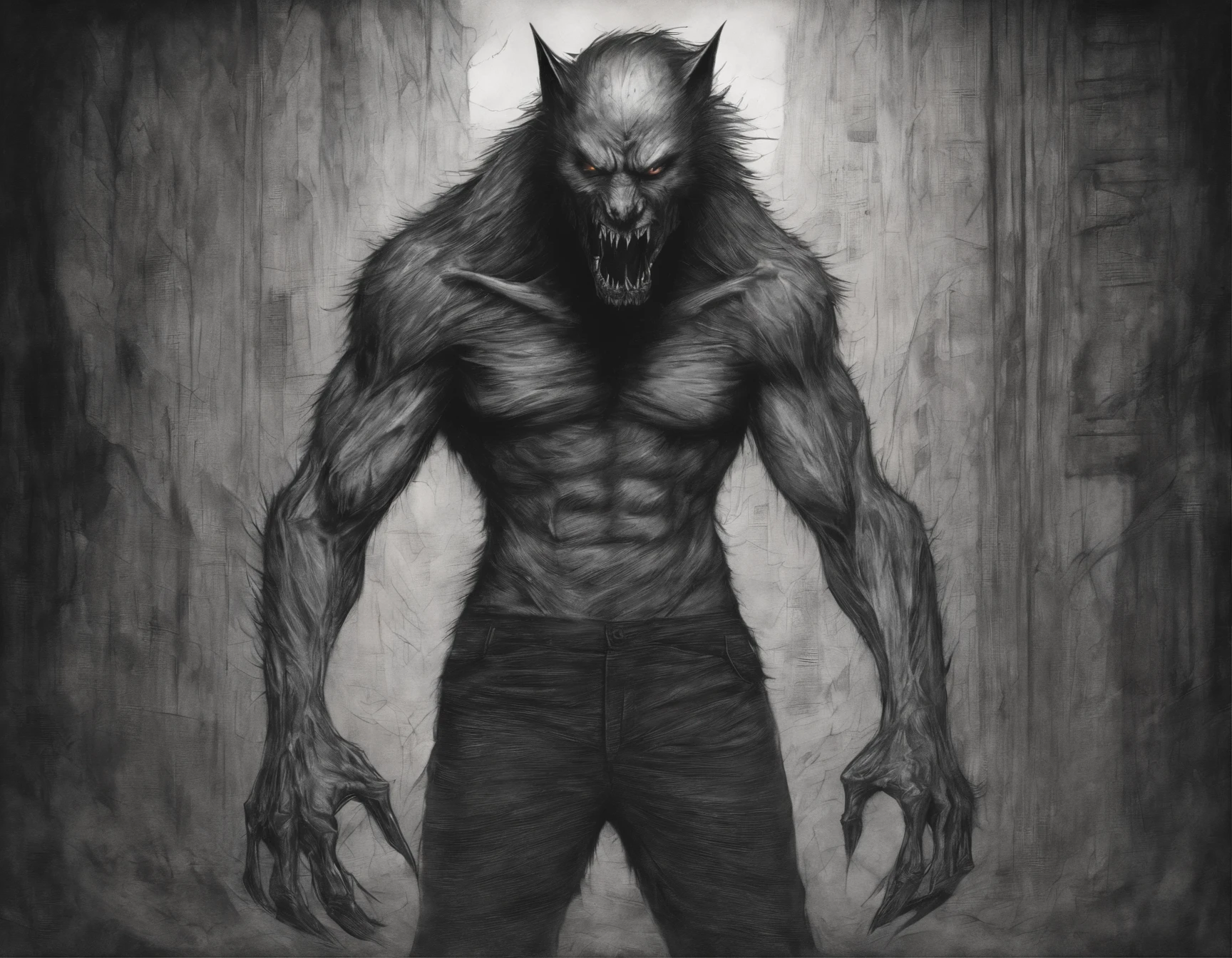Realistic - Illustration - Pencil Art - Anime - Werewolf, em pose imponente, de frente, boca aberta, Claws on display, corpo inteiro, wears cloth pants, montruoso, musculoso.