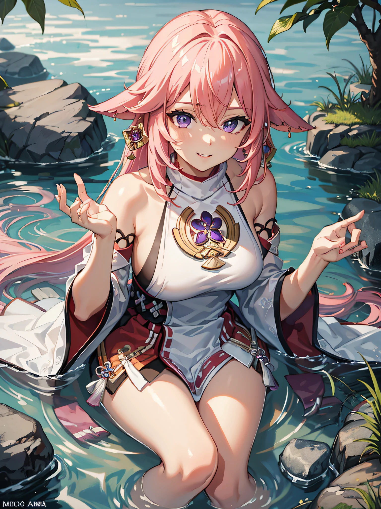 (masterpiece, best quality:1.2), highres, high resolution, solo, 1girl, yae miko, pink hair, side locks, long hair, purple eyes, smile, looking at viewer, seiza, hair ornament, Japanese clothes, sideboob, jewelry, earrings, large breast, large boobs, large chest, light smile, teeth, bare shoulders, portrait shot, upper body shot, BREAK outdoors, sitting, hot spring, legs in water, hot water, fog, water fog, water vapour, crystal clear water, clear water, transparent water, legs crossed, legs, thighs, stones blur background, sitting, up shot, shot from above, above angle, beautiful face, perfect fingers, perfect anatomy. PORTRAIT SHOT, masterpiece, high quality.
