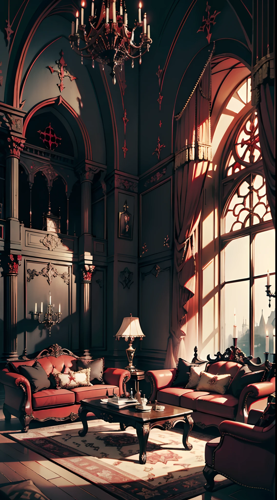 Photography, red sofa, tea table, (Gothic living room, Gothic), Dim light, Gargoyles, Dark wallpaper,curtains, waxy candles, Satan painting, decorations, wooden floor, dark night