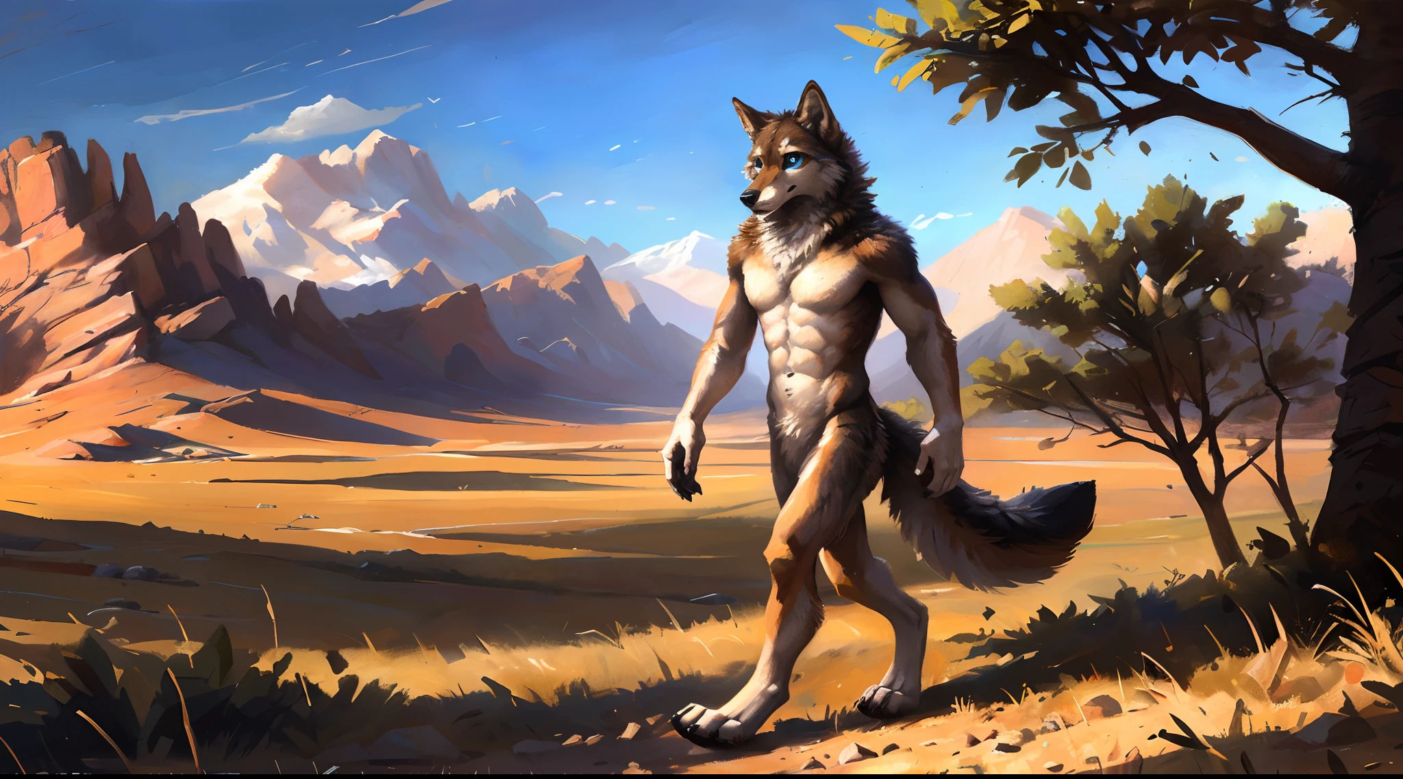 ((Solo)), male people, coyote, (Multi-colored fur, White-brown:1.3), ((Wolf face, White hair, Big eyes, White eyelids, Blue pupil, Slim:1.2) (Tough, Calm expression:1.2)), Abs, Slim, pinging)), (Correct anatomy), A big tail,Feet,Longer torso,Well-proportioned limbs,(Realistic fur, Detailed fur texture, labeled:1.3)), (Natural lighting), Photorealistic, Hyperrealistic, ultradetailed, by Kenket,Naked all over the body,Endless grasslands,Walking