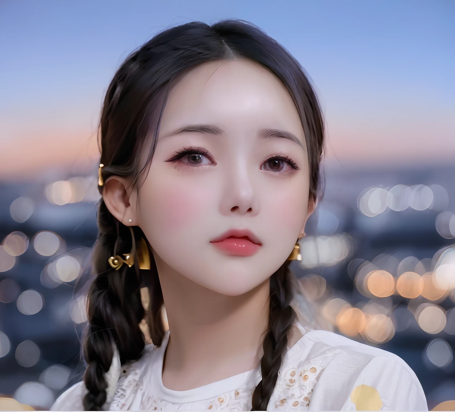araffe woman with braid hair and earrings looking at the camera, dilraba dilmurat, young adorable korean face, soft portrait shot 8 k, with cute - fine - face, with round face, young cute wan asian face, xintong chen, young cute face, xision wu, ruan jia beautiful!, wan adorable korean face, small round face