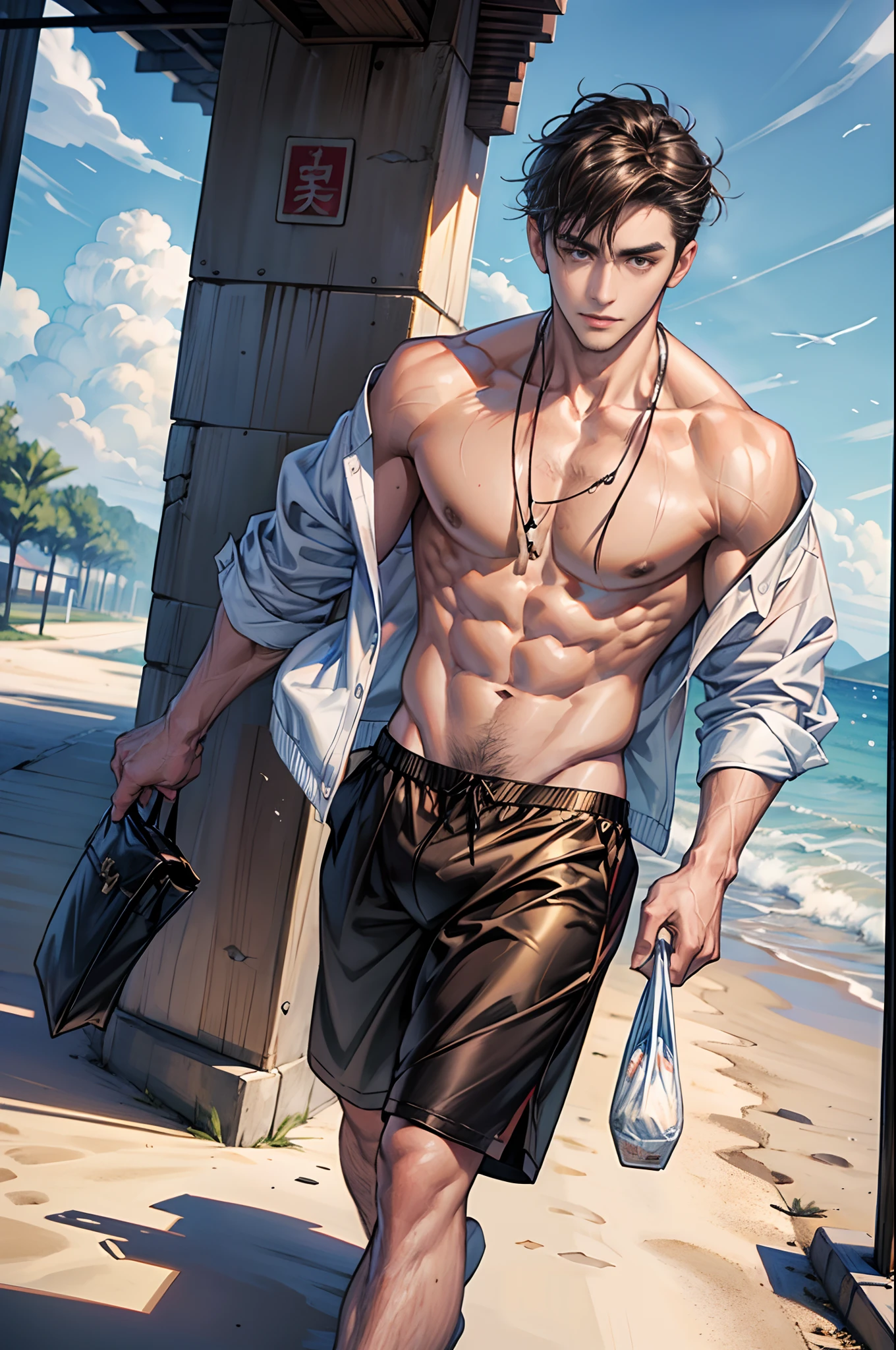 (tmasterpiece,超高分辨率,16k UHD,high qulity),low tune,(Handsome uncle:1.8), (dregs:1.8), (walking on a beach),(Shirtless:1.8), swimming trunks,tmasterpiece,(with short brown hair),Black eyes,ssmile, (White clip-on slippers), Seoul,(small heads),Precise anatomy,Precise hand structure,White swimming briefs,Unity 16K wallpaper,concept-art,One guy,8K eyes,(((Mature male))),((largeeyes:1.3)),(extra very short hair),((1 American Bizo)),swim trunks,(photorealiscic face:1.8),broad shoulder,slips,Male 45