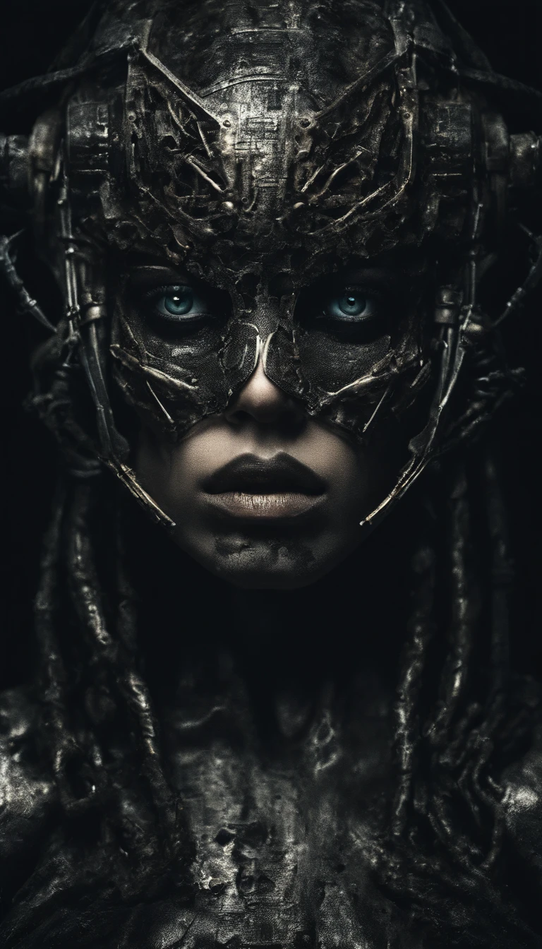 Portrait of Beautiful Cyborg Warrior Woman in Rusty Magic Style, Ascenso cyberpunk, Cyber Software, ciborg, fibras de carbono, cromar, Implantes, Calavera de metal, Cybernetic plate armor, (atmosfera oscura:1.2), (niebla & Humo ondulando), (Es noche oscura:1.3), Las cicatrices, (cabello oscuro peludo de longitud media:1.1), (sombras de ojos:1.1), (Brillo bellamente detallado:1.2), (cinematic lighting), Detalles intrincados, A high resolution, ojos redondeados, Detailed facial features, foco nítido, liso, aesthetic, Fondo oscuro detallado de la planta industrial, Pose elegante, dynamicposes, (dramapaint)