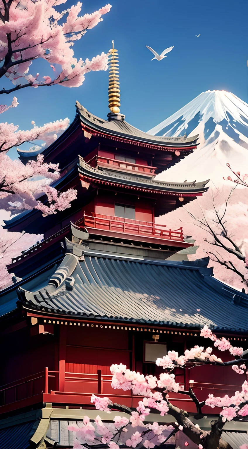 Mount fuji, shinto temple, cherry tree Blossom, blue sky, bird, 4k, 8k, realistic