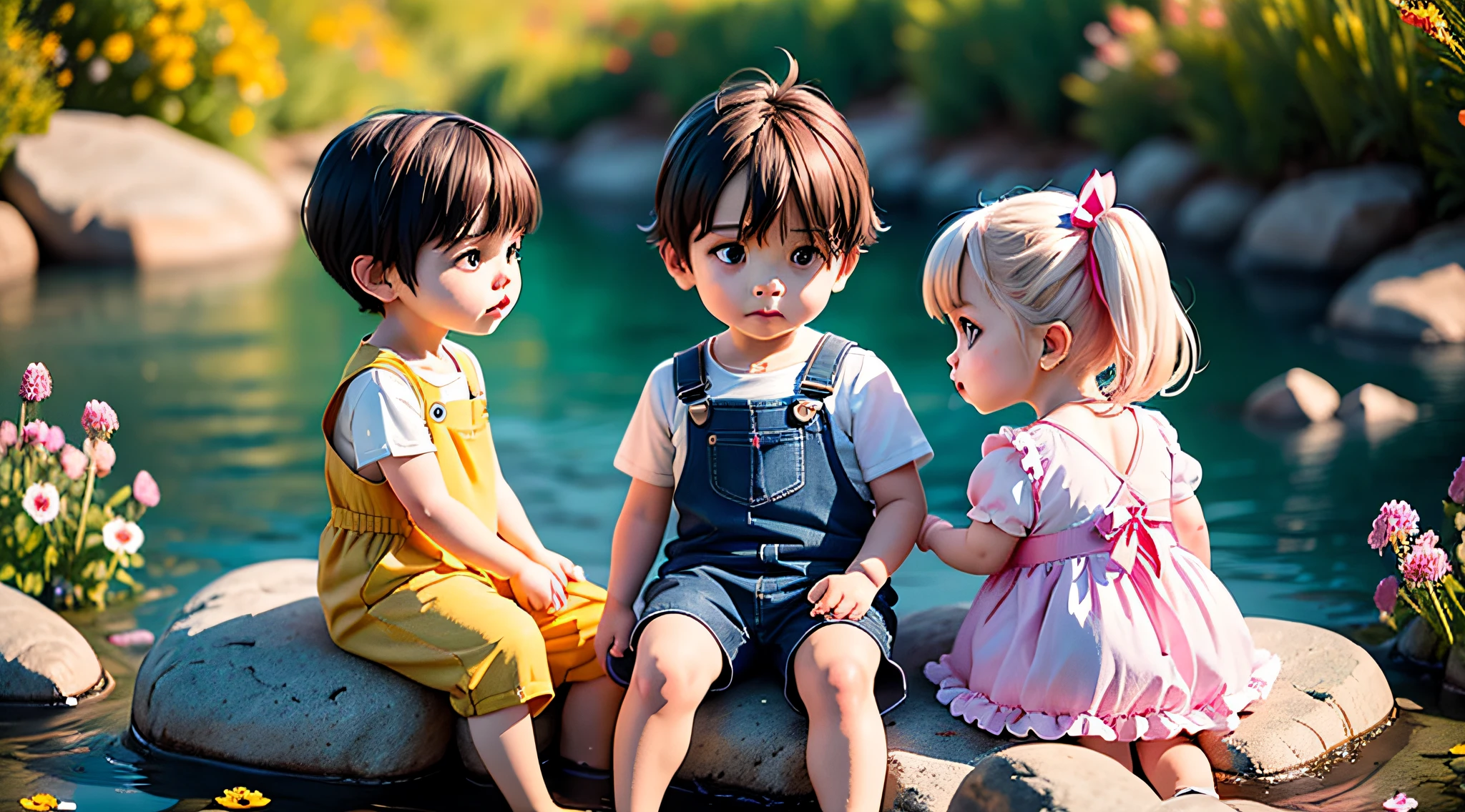 (((masterpiece, best quality, Photo realistic))), (UHD, 8K wallpaper, High resolution), Perfect anatomy, Cinematic lighting, physically-based rendering, award-winning, extremely detailed skin, extra detailed face, eyes with beautiful details, Carl Zeiss 85 mm F/1.4, (1 toddler boy and 1 toddler girl:1.5), (Cute toddler girl), sitting on large rock near creek, (black hair, high ponytail, black eyes, round face), (pink and white fluffy dress with ribbon:1.5), (girl has cute shy expression), (girl is holding wildflowers:1.5), (1 boy is a toddler boy), (a toddler boy and a toddler girl are sitting close to each other on large rock near creek:1.5), (a boy is wearing blue overalls with yellow t-shirt:1.3), [full body shot], shot from side,