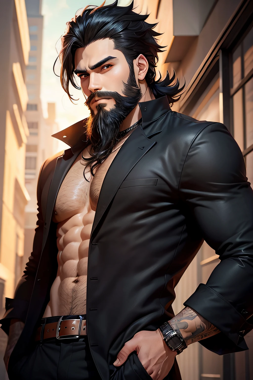 man with black hair and beard anime style