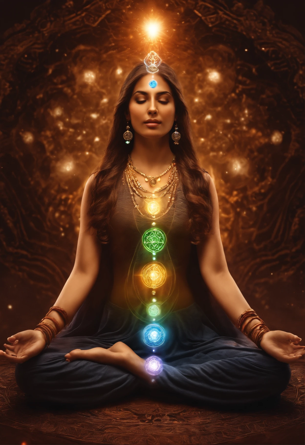 Chacras na Espiritualidade Oriental. The chakras are energy centers in the human body, each associated with specific physical and emotional functions. Existem sete chacras principais, incluindo o chacra da raiz, do plexo solar, Cardiac, garganta, terceiro olho e coroa. They are often represented as vortices of different colors. The image search will show illustrations and graphic representations of these chakras, each with its own color and characteristic location."