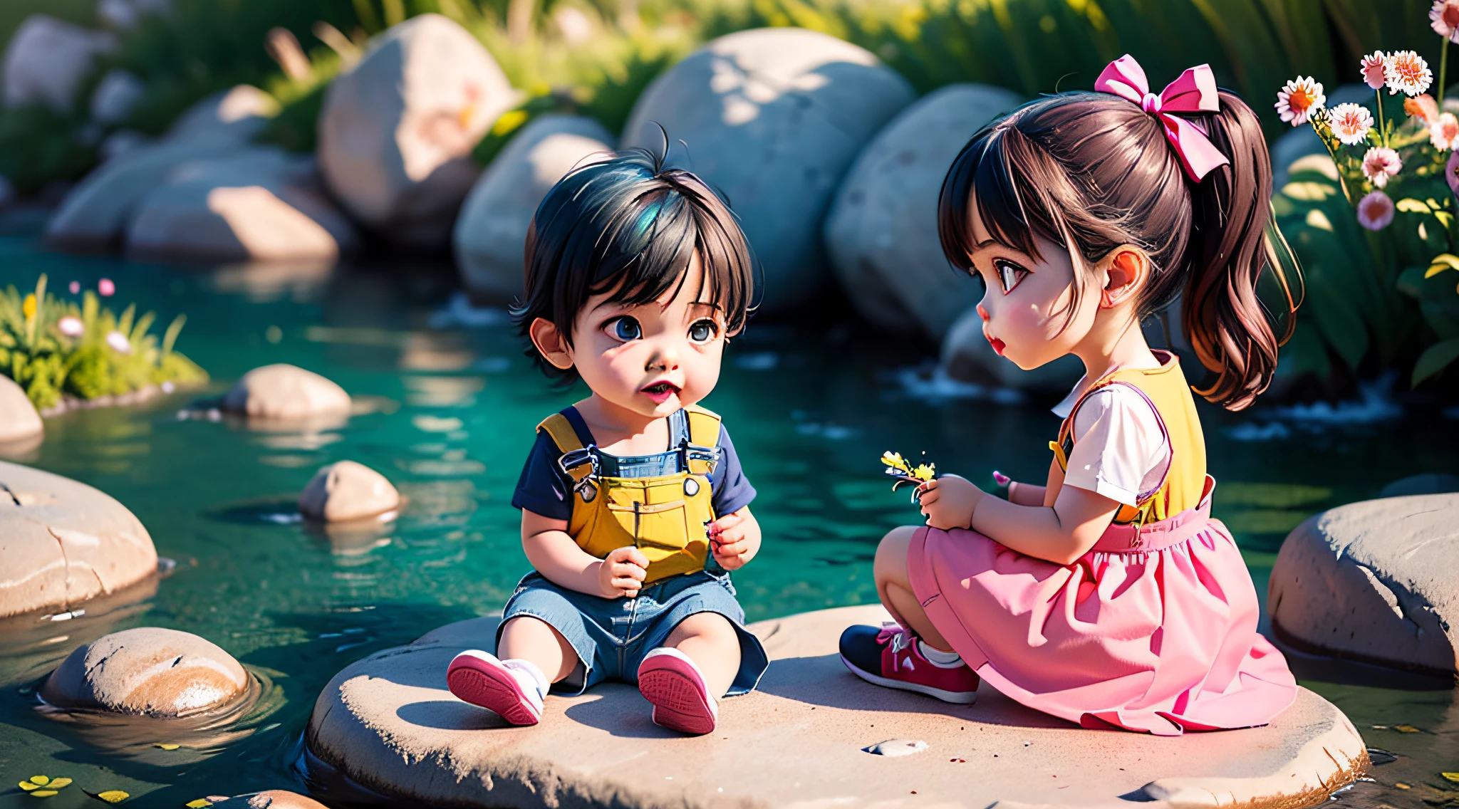 There are two children sitting on a bench in a park - SeaArt AI