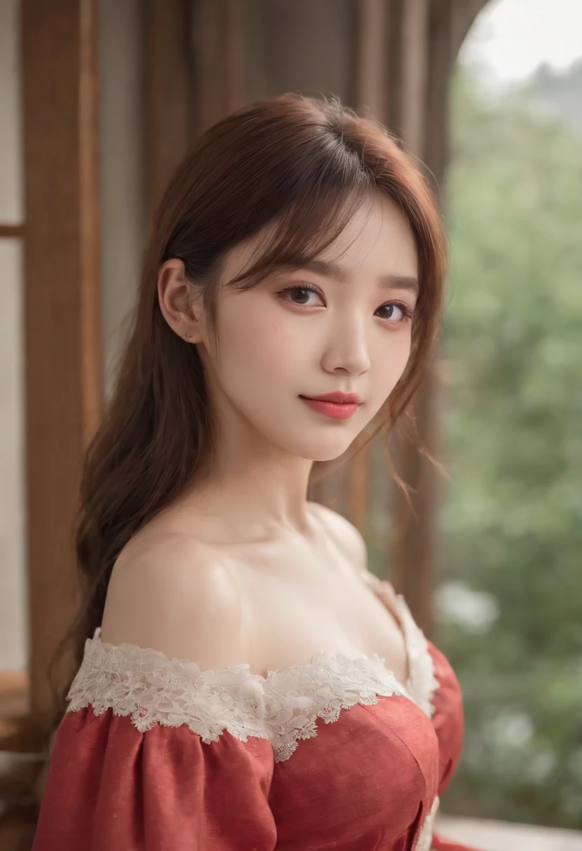 top-quality, Photorealsitic, masterpiece, 8K, Hi-Res, 独奏, 1girl in, (((infp young woman))),sixteen years old、full body Esbian、(small tits), ((Look at viewers)), (look at a camera), ((Different hairstyles close to long))、Perfect straight black hair、(((With bangs)))、 (profetional lighting), Highly detailed bright face、Gentle Japan girl、Lovely smile、Small cleavage、Red dress with lace(long-sleeve)、Standing in the room