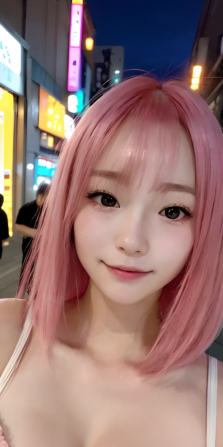 24-year-old woman、beautiful and flawless face。on tokyo street、natta、night cityscape、a closeup、A pink-haired、hair adornments、(Raw photography、top-quality、masterpiece:1.2)、(realisitic、photoRealstic:1.37)、