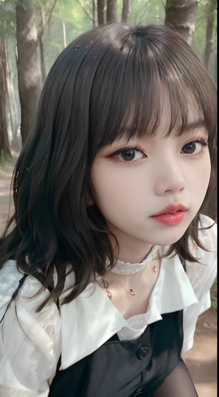 ((Lisa from Blackpink)), t-shirt, tiny pleated skirt, waist-high black tights, high heels, face close-up, very fair skin, short hair, wavy hair, camp, forest, photorealistic, indirect lighting, volumetric light, ray tracing, hyperdetailed, best quality, high resolution, HDR, 8k