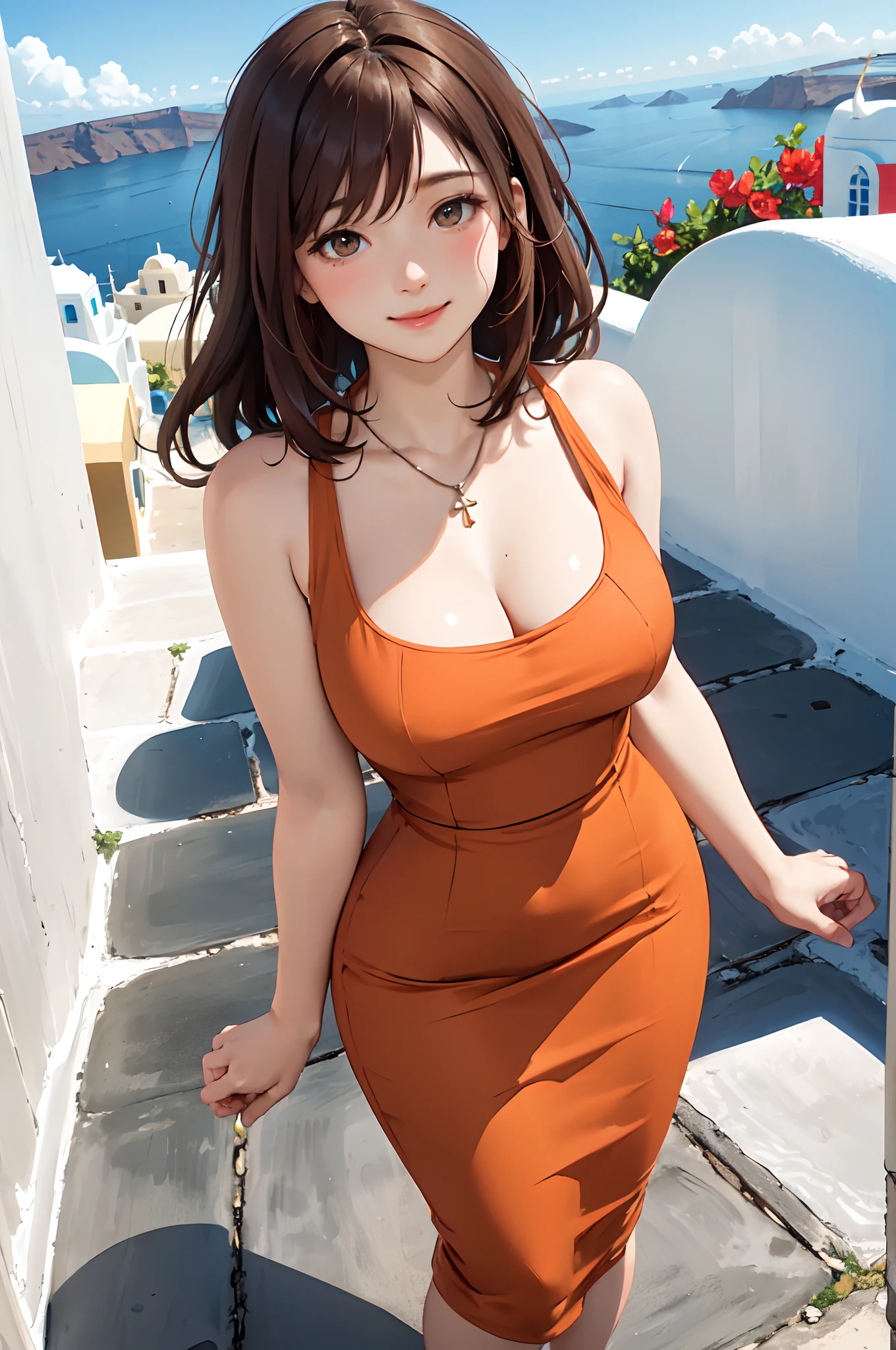 1lady standing, mature female, /(pencil dress/) /(orange dress/) necklace, /(brown hair/) bangs, blush kind smile, (masterpiece best quality:1.2) delicate illustration ultra-detailed, large breast, arms down BREAK /(streets of Santorini/), detailed background