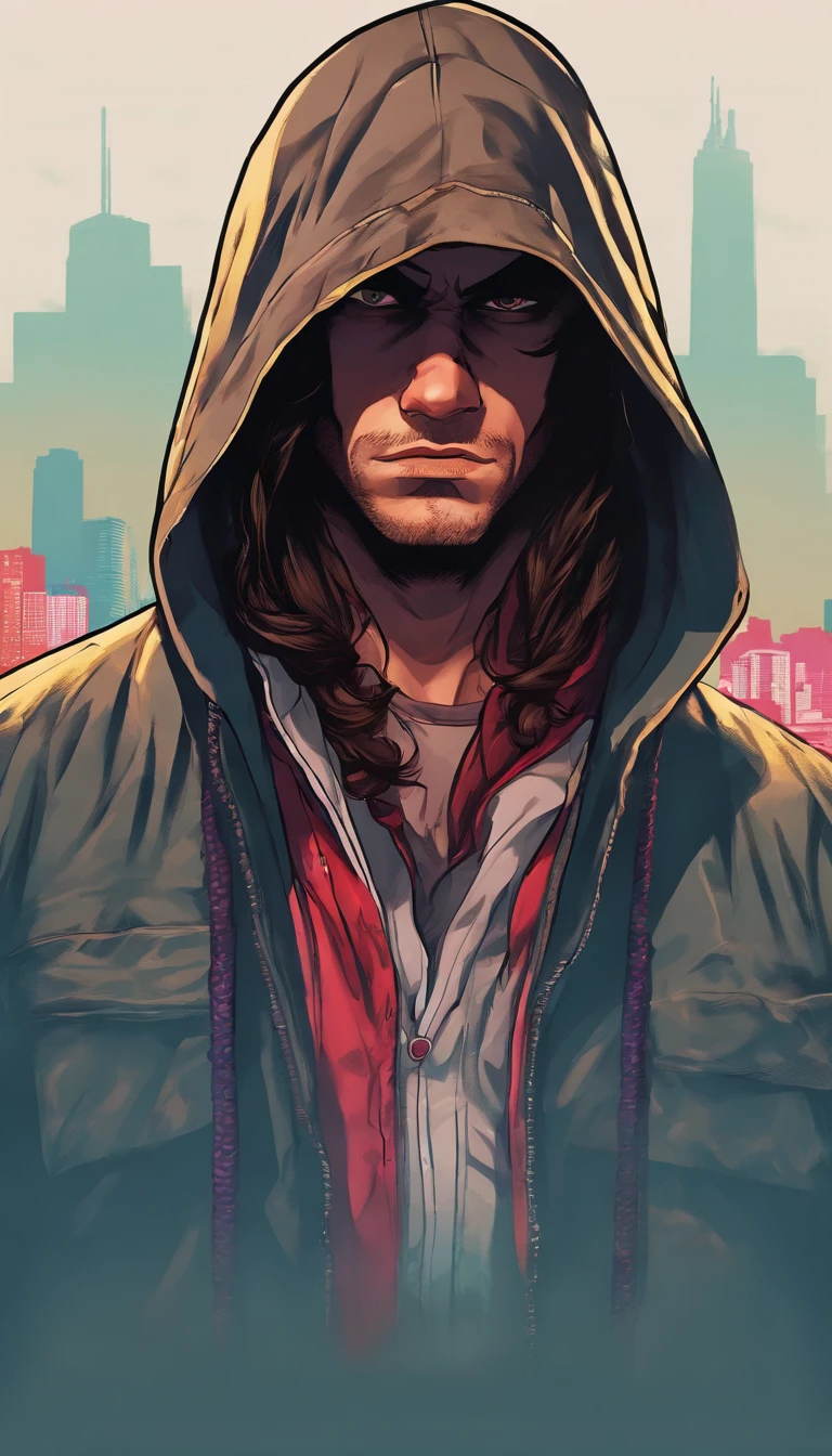 The Young Man in the Hood, strained over the eyes,long wavy hair from under the hood, diffused light,Fog in the background,The style of the game Assassin Creed