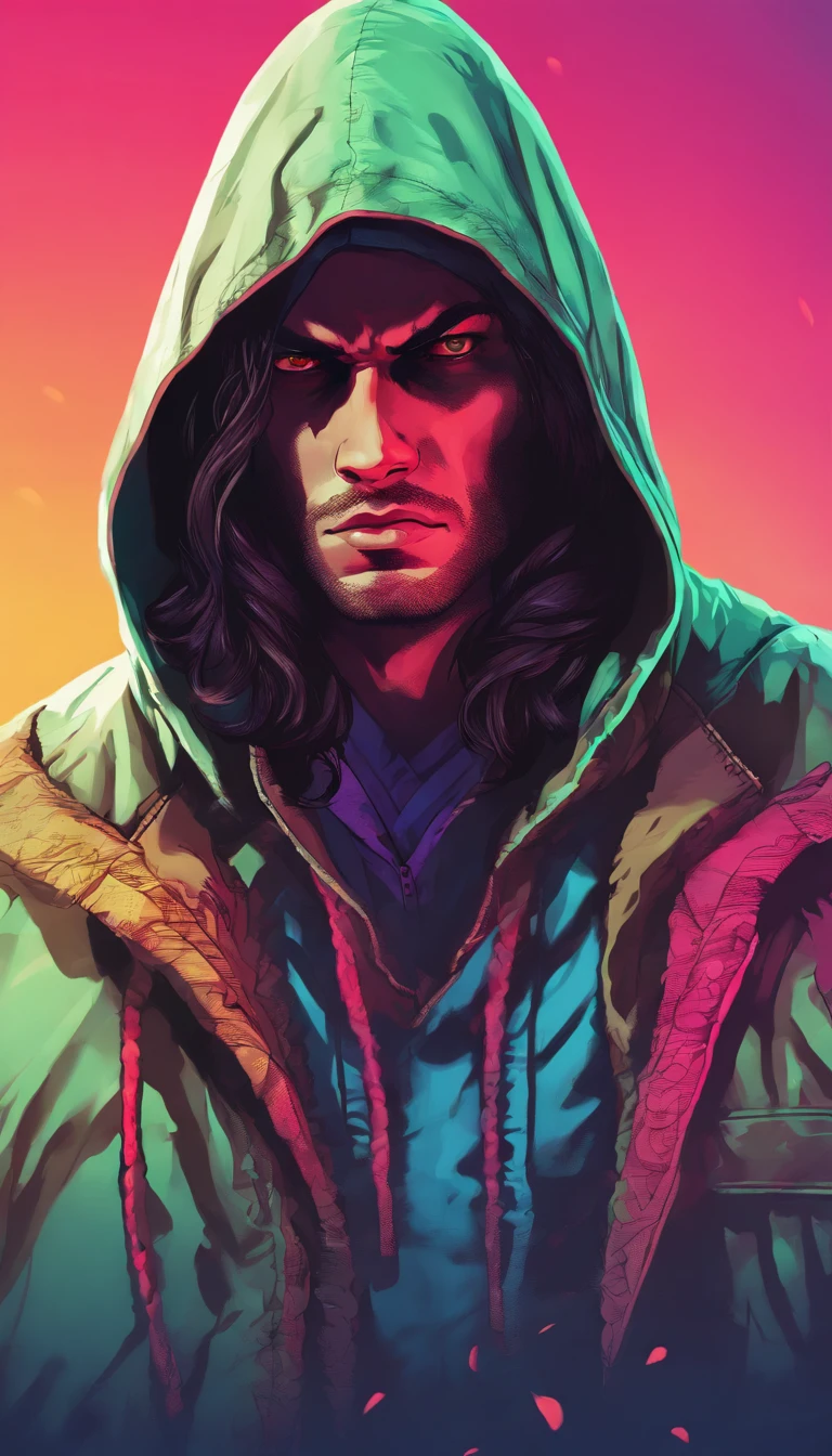 The Young Man in the Hood, strained over the eyes,long wavy hair from under the hood, diffused light,Fog in the background,The style of the game Assassin Creed