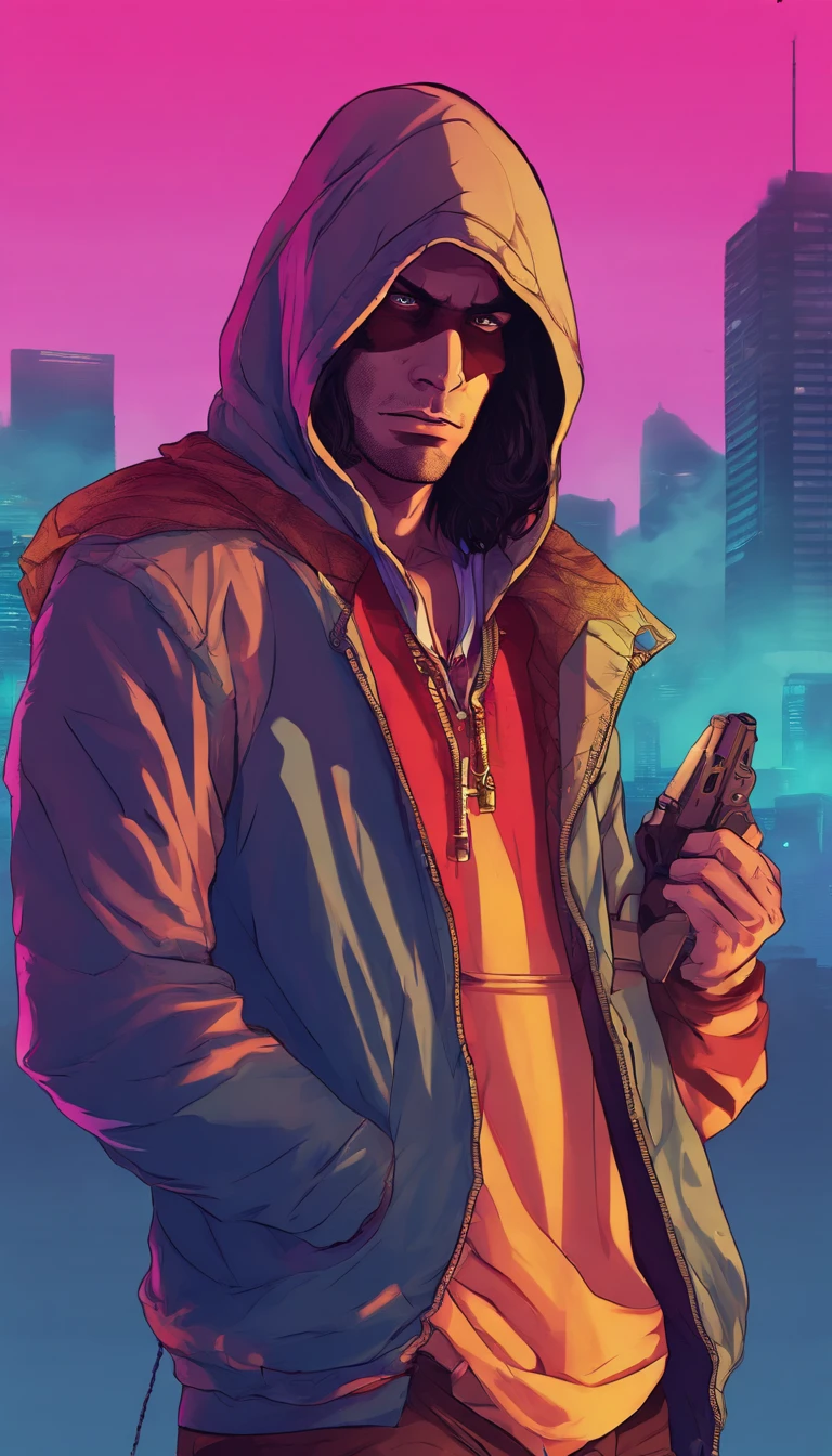 The Young Man in the Hood, strained over the eyes,long wavy hair from under the hood, diffused light,Fog in the background,The style of the game Assassin Creed