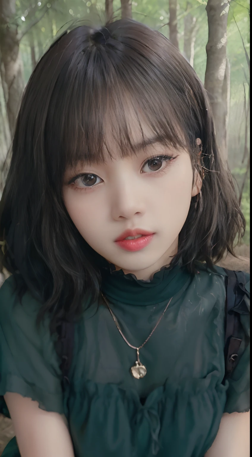 ((Lisa from Blackpink)), t-shirt, tiny pleated skirt, waist-high black tights, high heels, face close-up, very fair skin, short hair, wavy hair, camp, forest, photorealistic, indirect lighting, volumetric light, ray tracing, hyperdetailed, best quality, high resolution, HDR, 8k