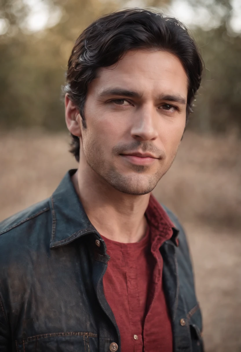 A 39 year old man with black wavy hair and deep brown eyes wearing a black and red cowboy shirt, black jeans and dark brown boots