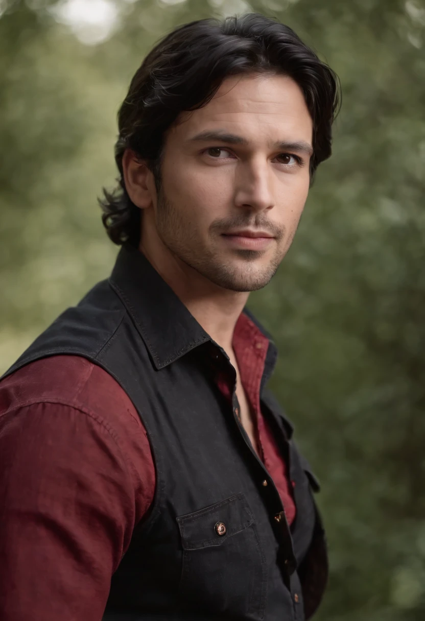 A 39 year old man with black wavy hair and deep brown eyes wearing a black and red cowboy shirt, black jeans and dark brown boots