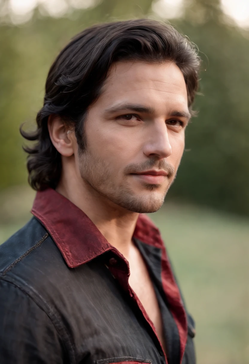 A 39 year old man with black wavy hair and deep brown eyes wearing a black and red cowboy shirt, black jeans and dark brown boots