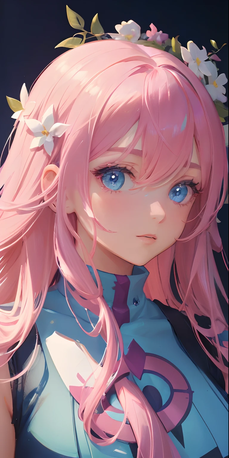 (Detailed Lights, Detailed Shadows), 1Woman, Pink Hair, Close-up, Portrait, (Light Blue Eyes), Extremely Detailed Clothes, ((Modern Clothes)), Beautiful Hair, Muscular, Hair Down, Background Extremely detailed, Beautiful Background, (Long Hair), MakeUp, Pokemon Trainer, A White Flower on the Head