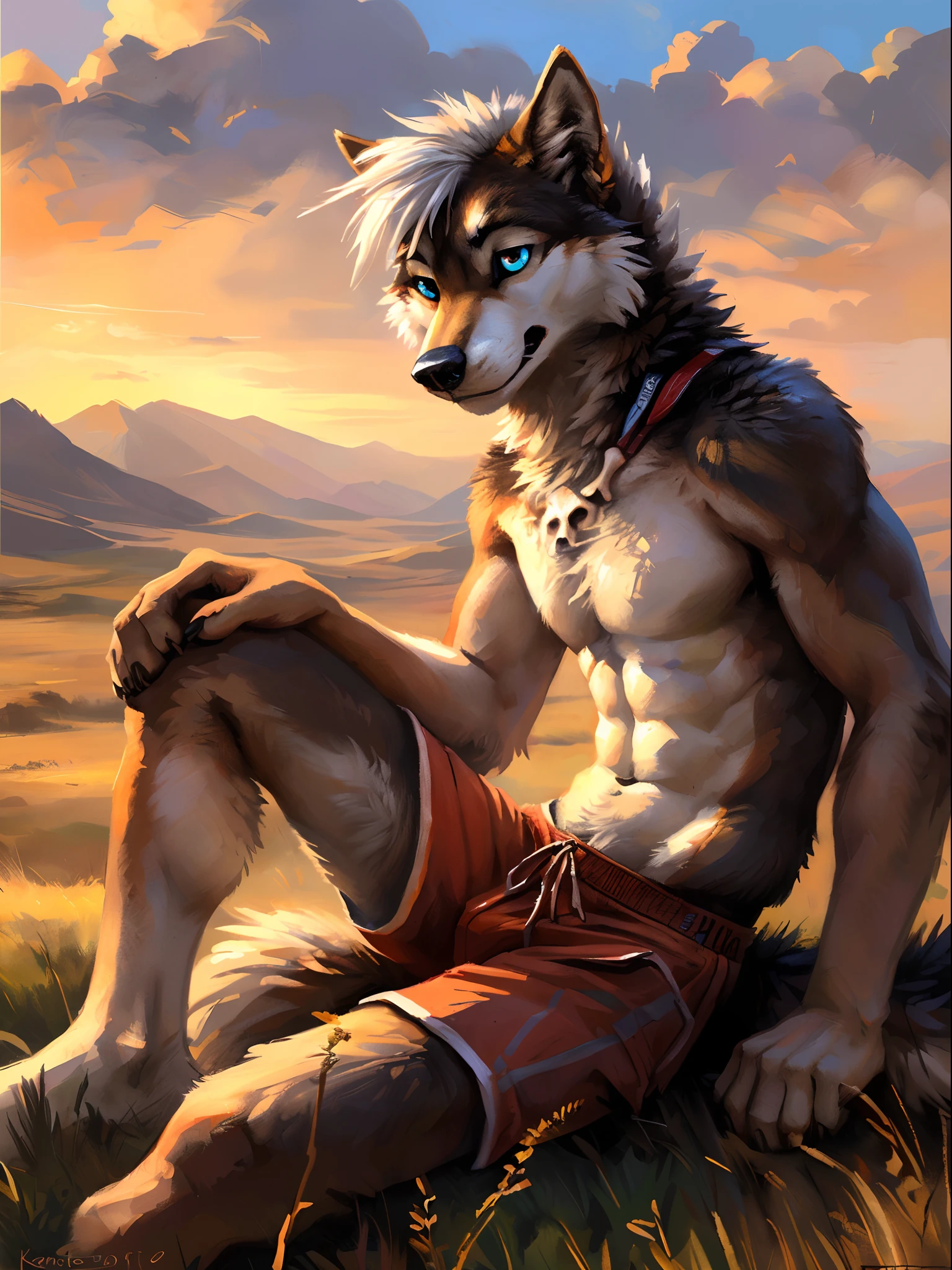 ((Solo)), male people, anthro wolf, (Multi-colored fur, White-brown:1.3), ((Wolf face, White hair, Big eyes, White eyelids, Blue pupil, Slim:1.2) (Tough, Calm expression:1.2)), Abs, Slim, pinging)), (Correct anatomy), (Work shorts:1.1), (Contour bone:1.2), The upper body is naked, (detailed outfits),A big tail，Feet，(Realistic fur, Detailed fur texture, labeled:1.3)), (Natural lighting), Photorealistic, Hyperrealistic, ultradetailed, by Kenket，Endless grasslands，No artificiality，erect through