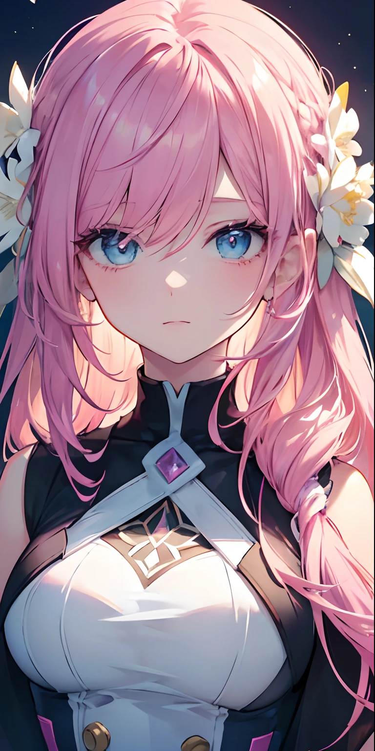 (Detailed Lights, Detailed Shadows), 1Woman, Pink Hair, Close-up, Portrait, (Light Blue Eyes), Extremely Detailed Clothes, ((Modern Clothes)), Beautiful Hair, Muscular, Hair Down, Background Extremely detailed, Beautiful Background, (Long Hair), MakeUp, Pokemon Trainer, A White Flower on the Head
