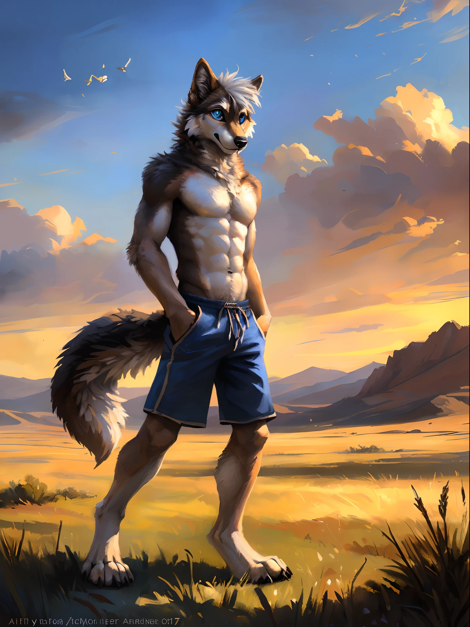 ((Solo)), male people, anthro wolf, (Multi-colored fur, White-brown:1.3), ((Wolf face, White hair, Big eyes, White eyelids, Blue pupil, Slim:1.2) (Tough, Calm expression:1.2)), Abs, Slim, pinging)), (Correct anatomy), (Work shorts:1.1), (Contour bone:1.2), The upper body is naked, (detailed outfits),A big tail，Feet，(Realistic fur, Detailed fur texture, labeled:1.3)), (Natural lighting), Photorealistic, Hyperrealistic, ultradetailed, by Kenket，Endless grasslands，No artificiality，erect through