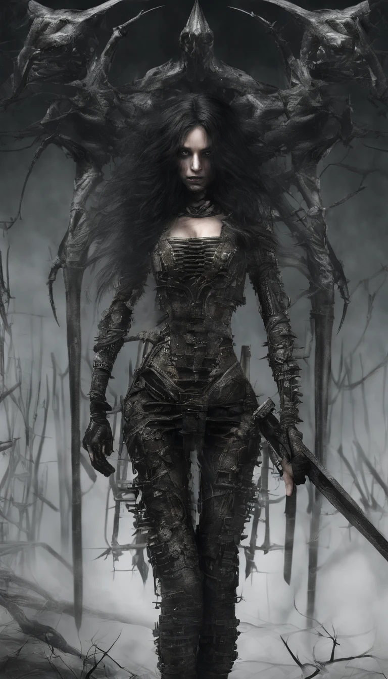 Beautiful cyborg warrior woman in rusty magic style, Ascenso cyberpunk, Cyber Software, ciborg, fibras de carbono, cromar, Implantes, Calavera de metal, Cybernetic plate armor, (atmosfera oscura:1.2), (niebla & Humo ondulando), (Es noche oscura:1.3), Las cicatrices, (cabello oscuro peludo de longitud media:1.1), (sombras de ojos:1.1), (Brillo bellamente detallado:1.2), (cinematic lighting), Detalles intrincados, A high resolution, ojos redondeados, Detailed facial features, foco nítido, liso, aesthetic, Fondo oscuro detallado de la planta industrial, Pose elegante, dynamicposes, (dramapaint)